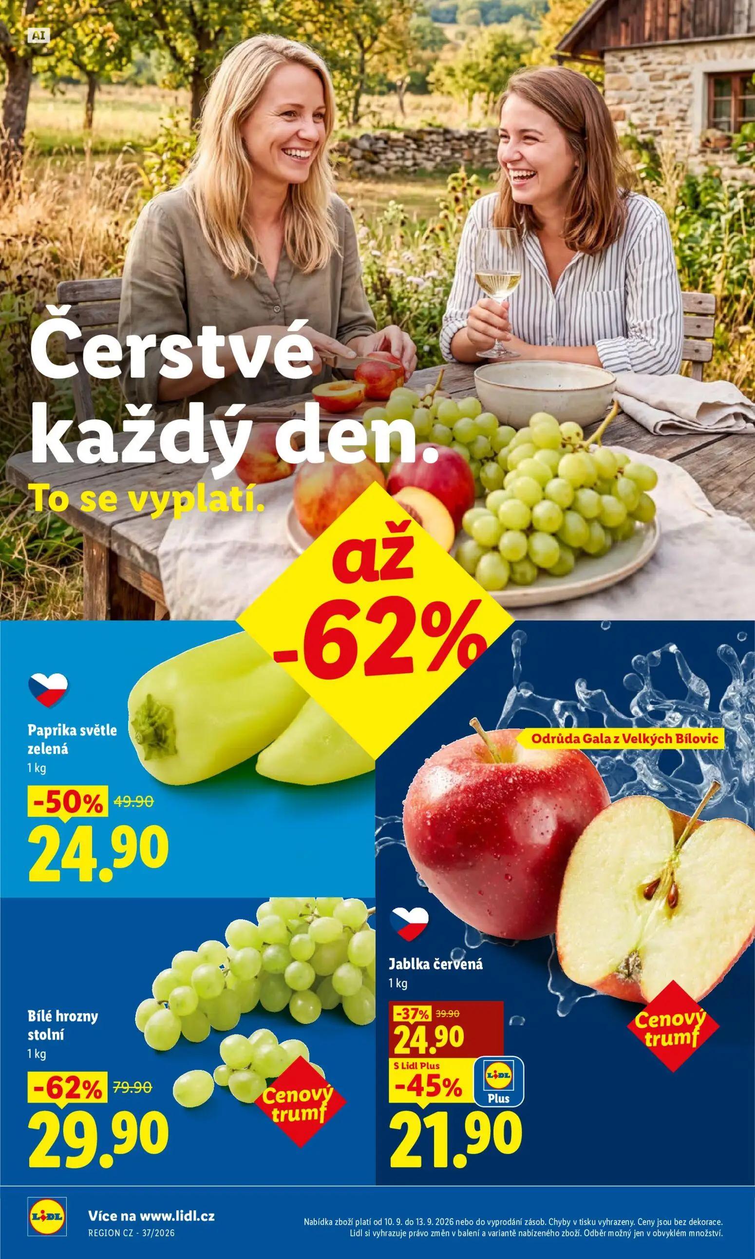 Lidl leták, strana 14 z 52 — Bílé hrozny stolní, Paprika světle zelená, Jablka červená