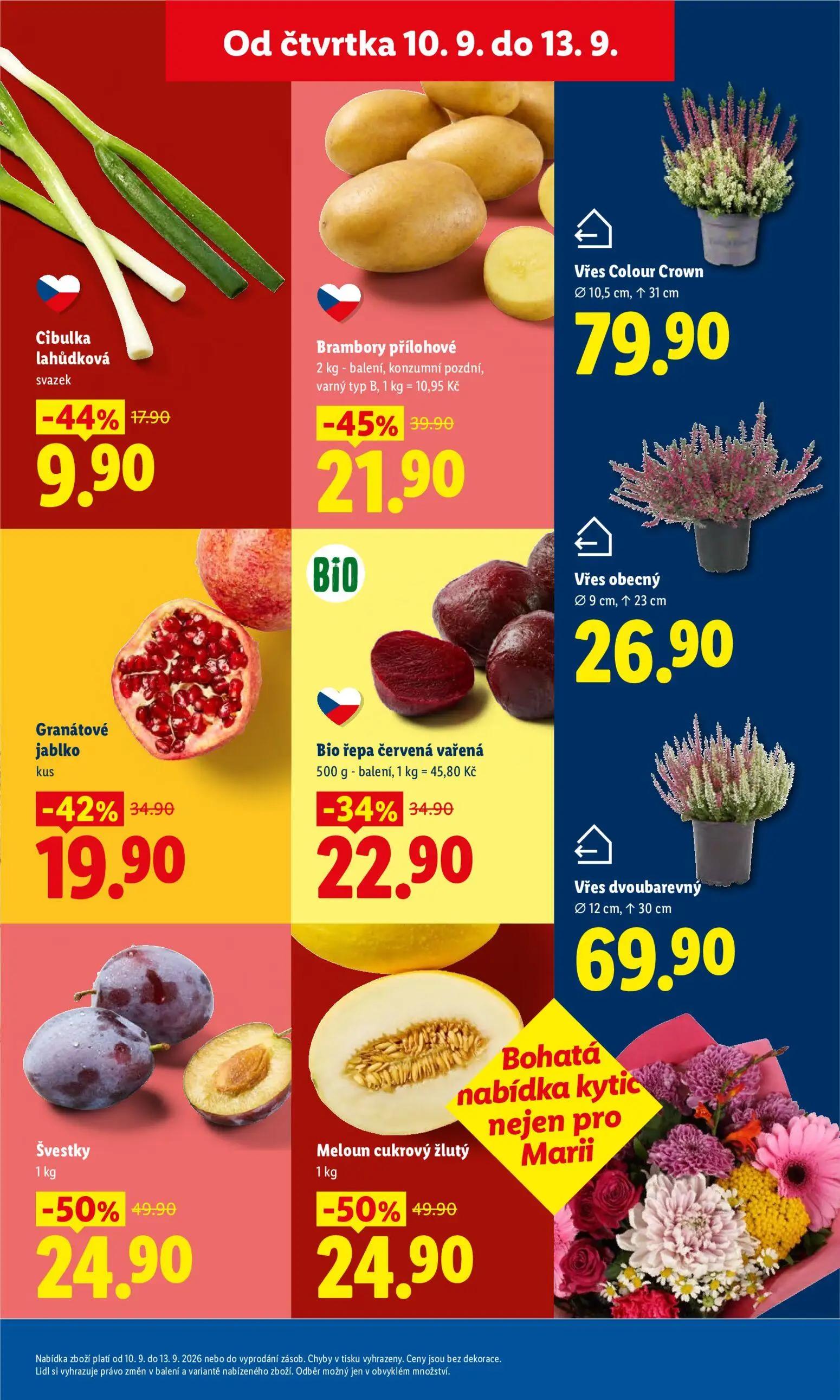 Lidl leták, strana 15 z 52 — Švestky, Meloun cukrový žlutý, Brambory přílohové