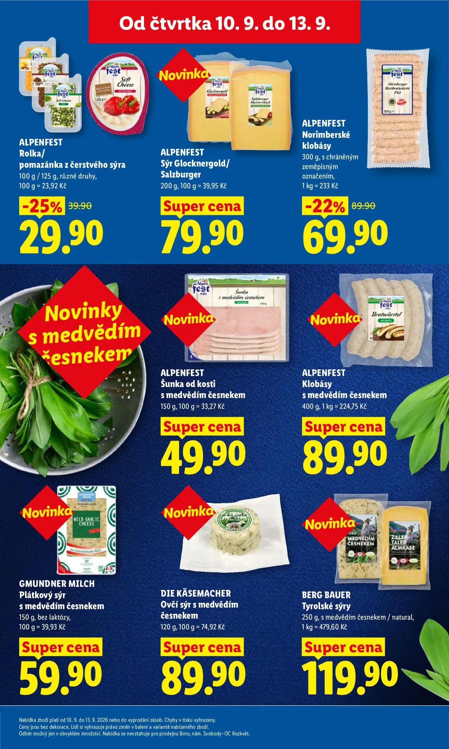 Lidl leták, strana 25 z 52 — ALPENFEST Norimberské klobásy, s chráněným zeměpisným označením, ALPENFEST Rolka/pomazánka z če…