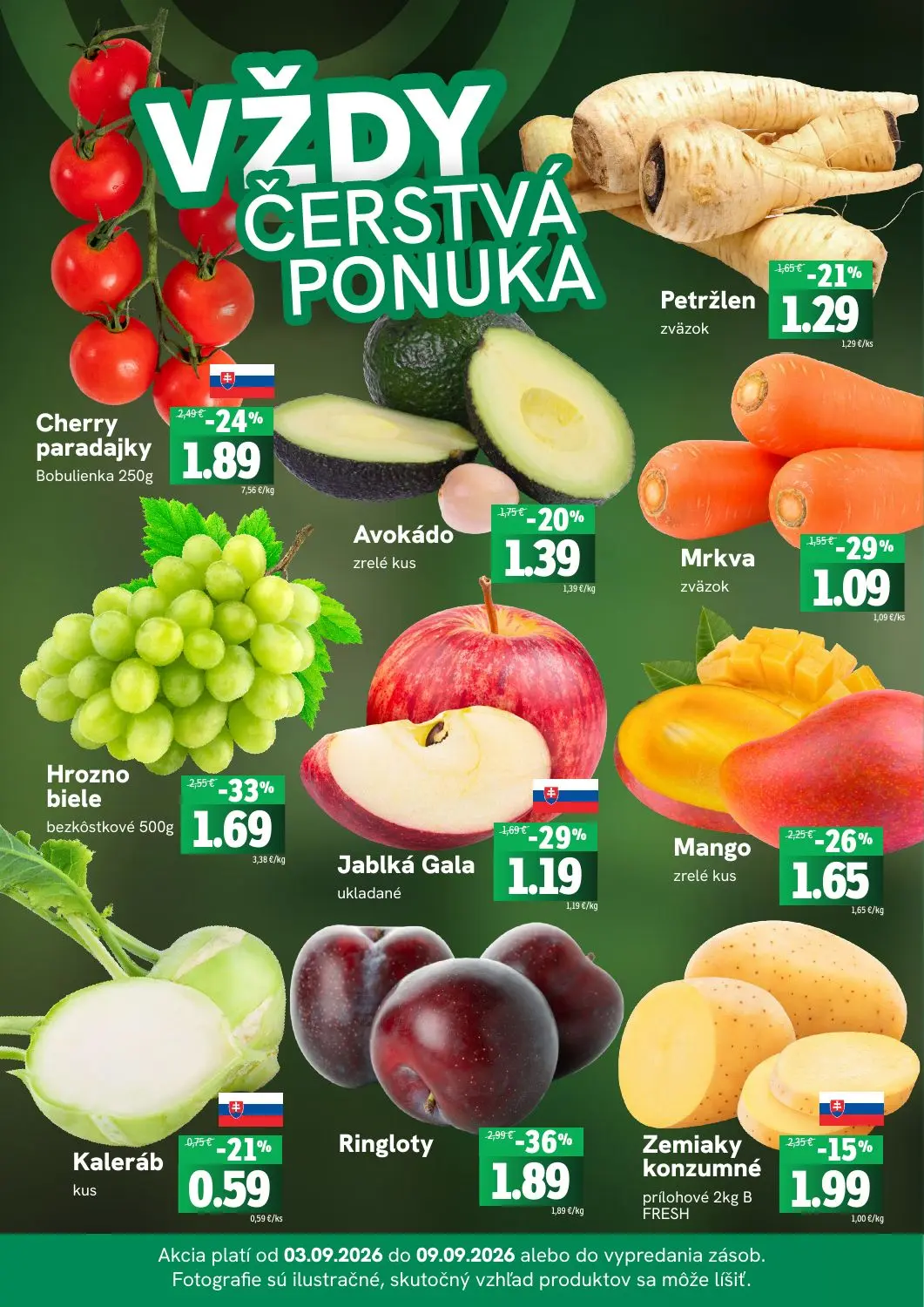 Fresh leták, strana 3 z 4 — Ringloty, Hrozno biele bezkôstkové, Cherry paradajky Bobulienka