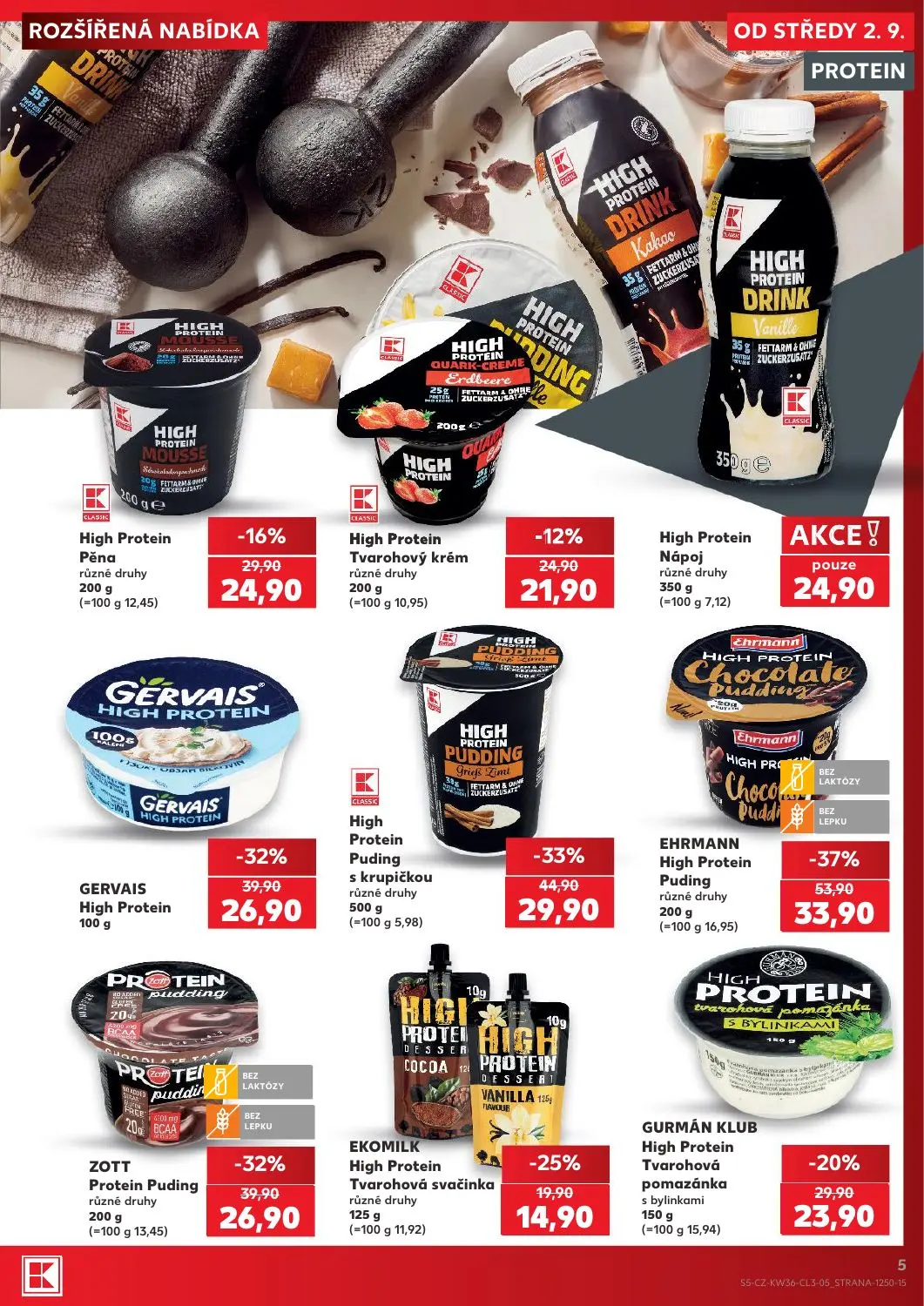 Kaufland leták, strana 5 z 8 — EHRMANN High Protein Puding, High Protein Puding s krupičkou, GERVAIS High Protein