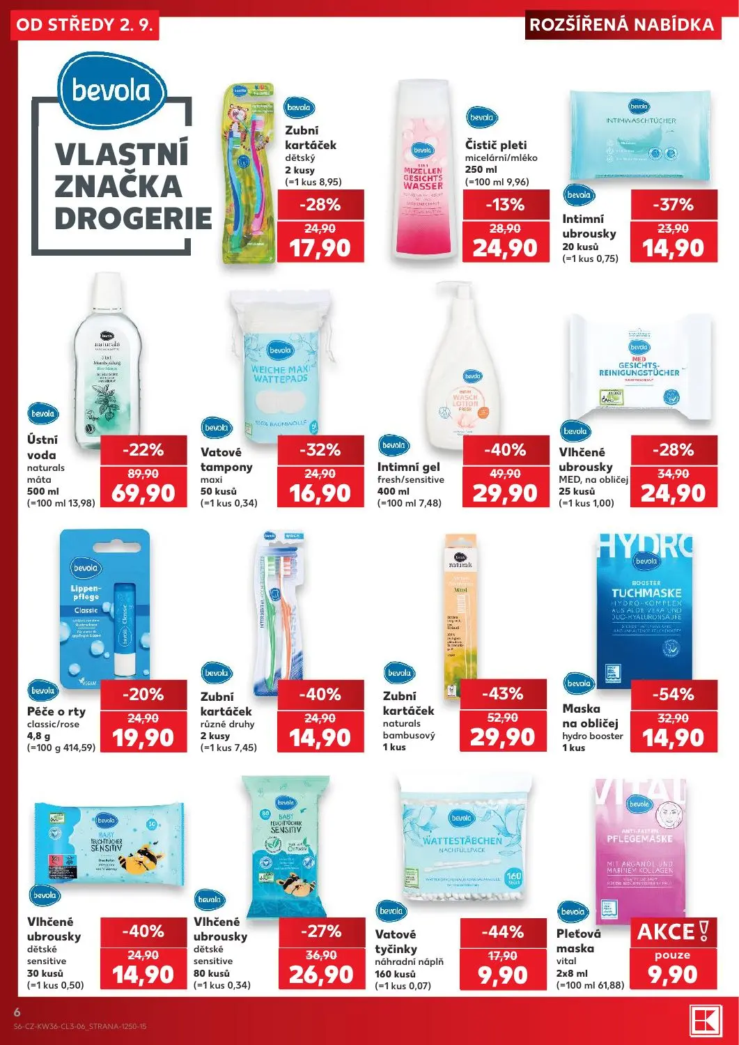 Kaufland leták, strana 6 z 8 — Zubní kartáček naturals bambusový, Ústní voda naturals máta, Intimní gel fresh/sensitive