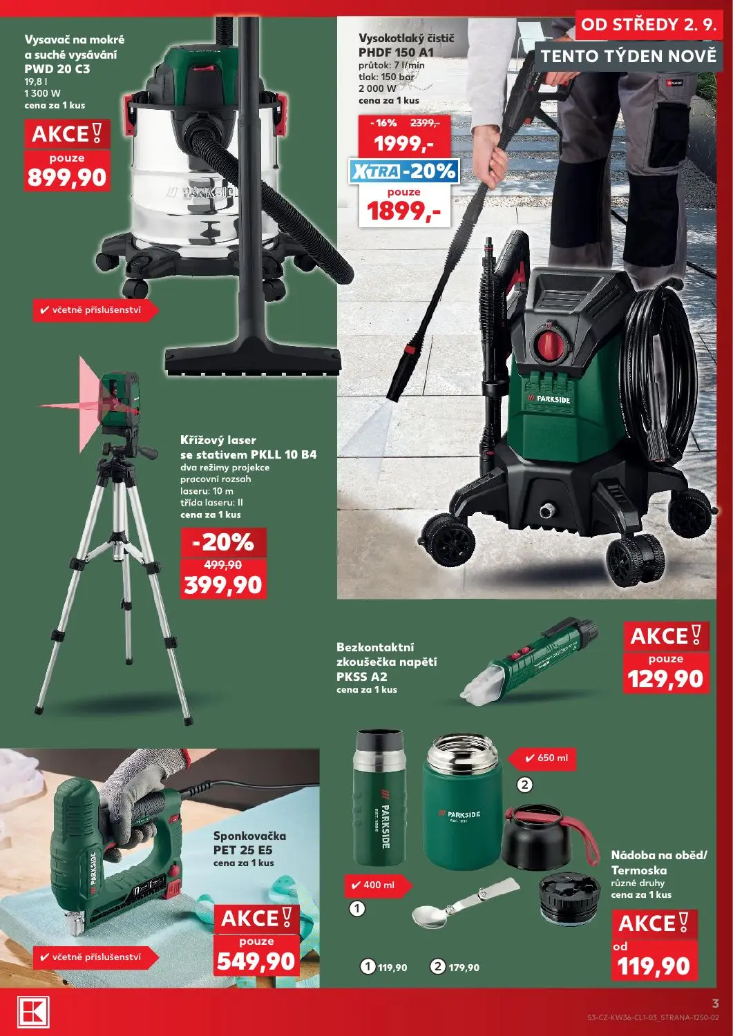 Kaufland leták, strana 3 z 14 — Vysokotlaký čistič PHDF 150 A1, Křížový laser se stativem PKLL 10 B4, Nádoba na oběd/Termoska