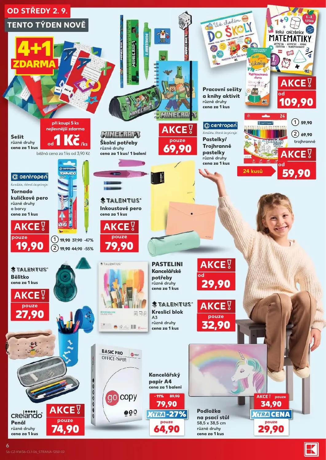 Kaufland leták, strana 6 z 14 — Pastelky/Trojhranné pastelky různé druhy, Kancelářský papír A4, Sešit různé druhy