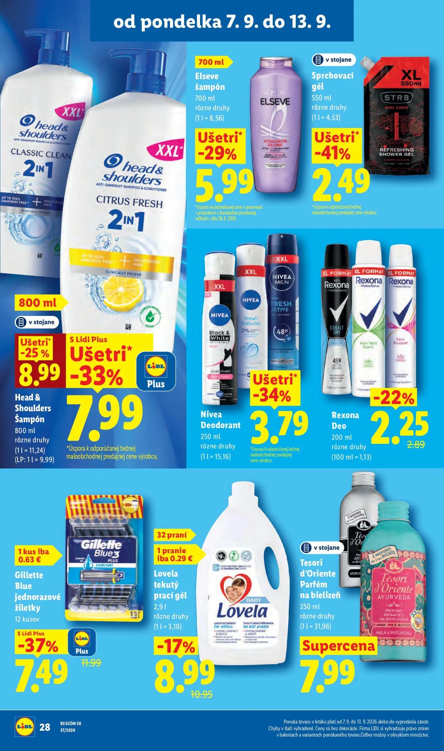Lidl leták, strana 32 z 100 — Gillette Blue jednorazové žiletky, Elseve šampón, Lovela tekutý prací gél