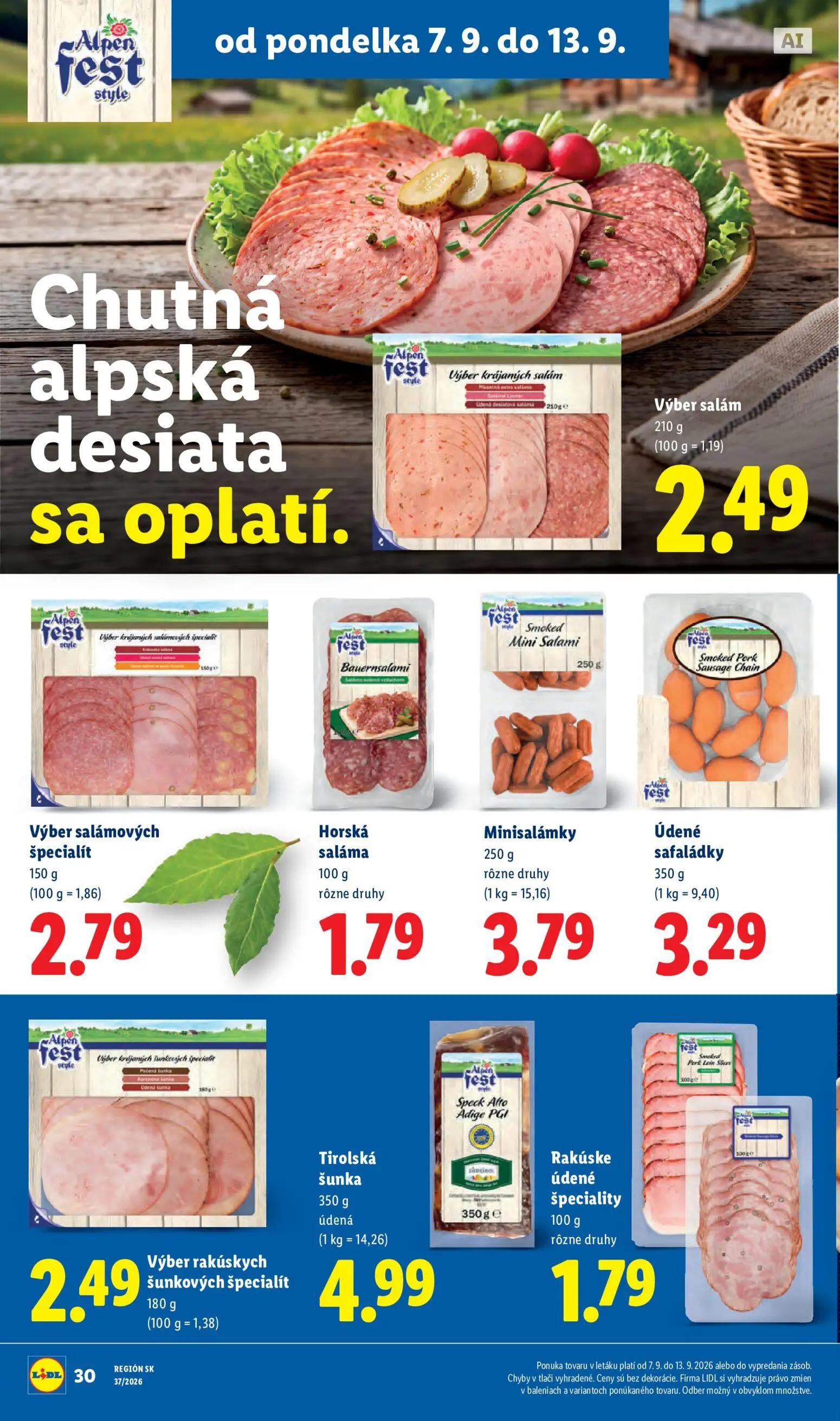 Lidl leták, strana 34 z 100 — Výber salám, Výber salámových špecialít, Horská saláma