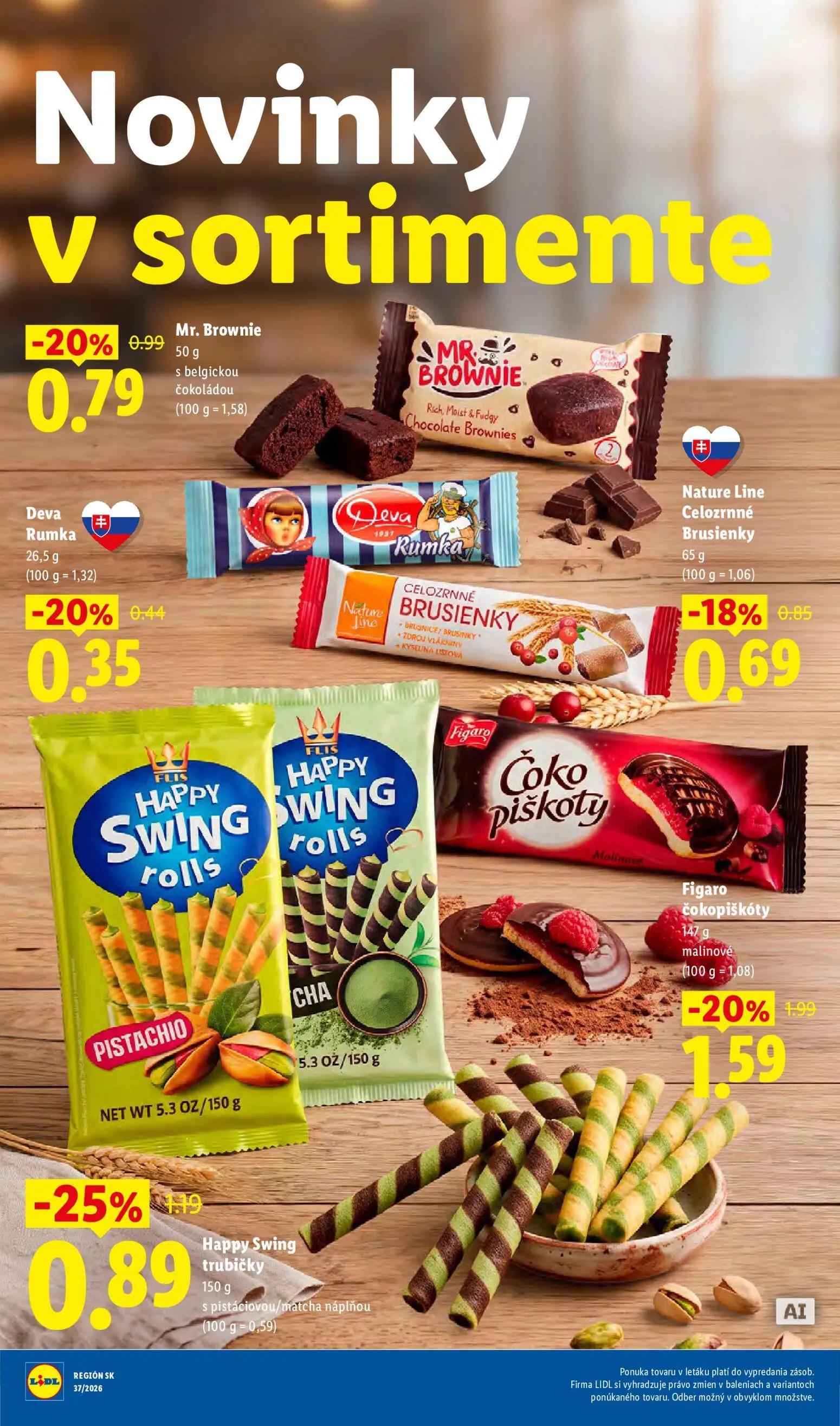 Lidl leták, strana 39 z 100 — Happy Swing trubičky s pistáciovou/matcha náplňou, Mr. Brownie s belgickou čokoládou