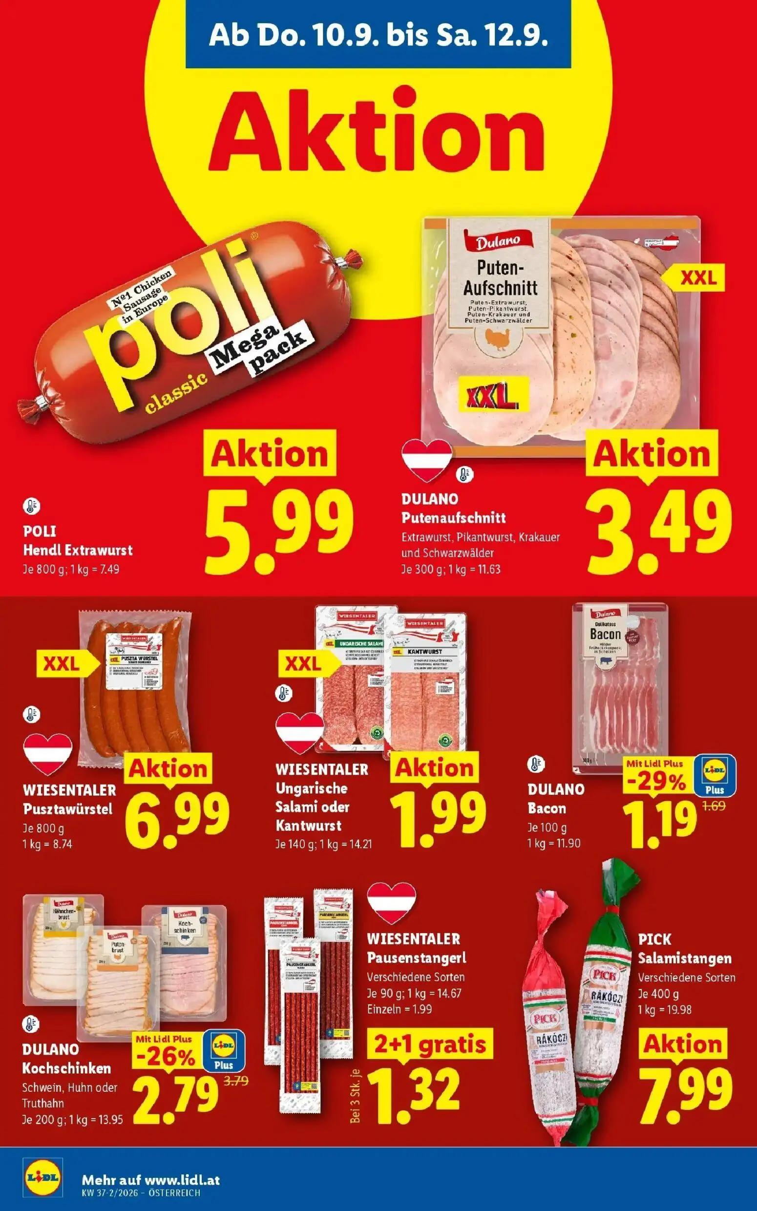 Lidl Prospekt, Seite 10 von 53 — DULANO Kochschinken Schwein, Huhn oder Truthahn, DULANO Bacon, POLI Hendl Extrawurst