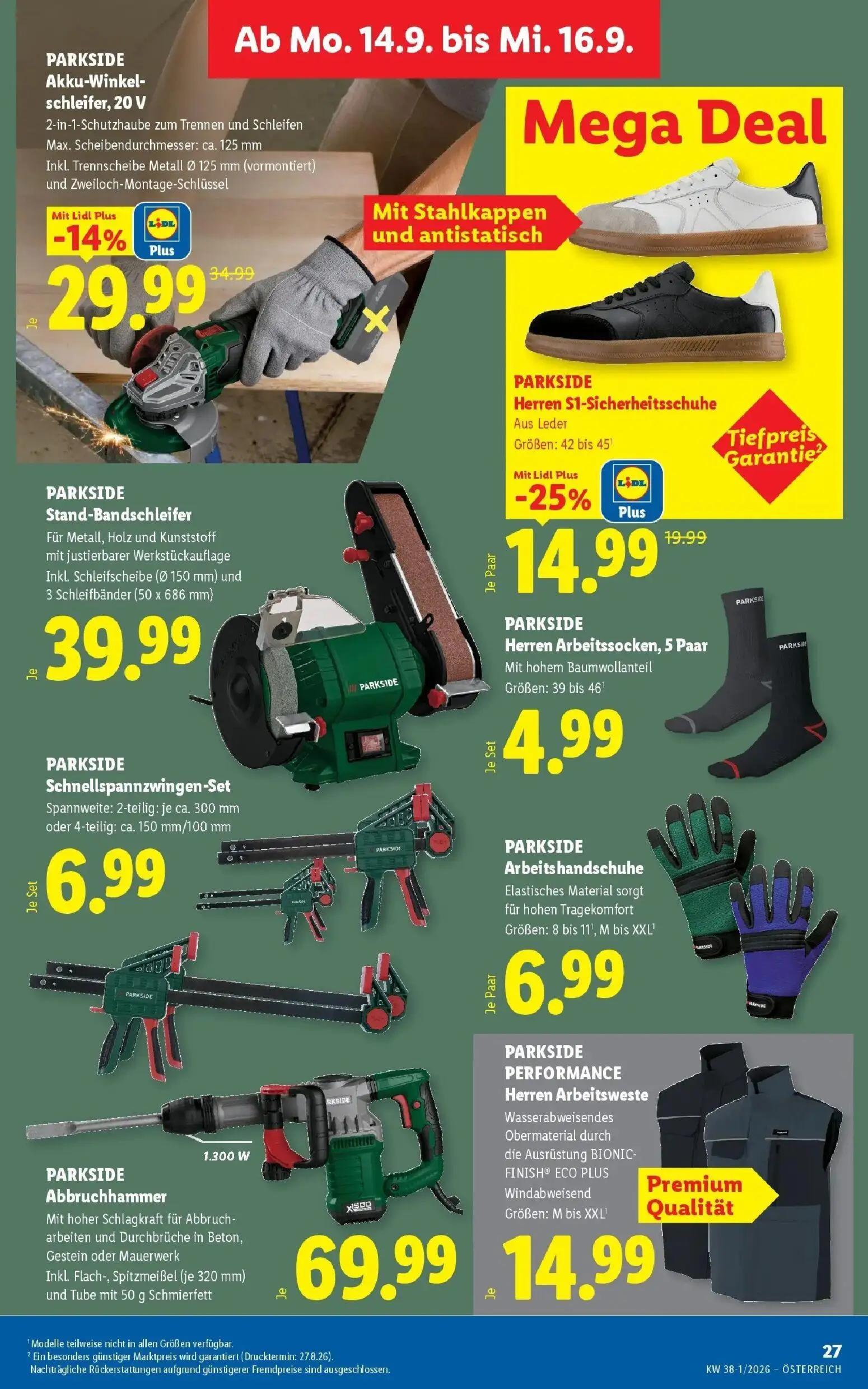 Lidl Prospekt, Seite 34 von 53 — PARKSIDE Akku-Winkel-schleifer, 20 V, PARKSIDE Herren S1-Sicherheitsschuhe, PARKSIDE Stand-…