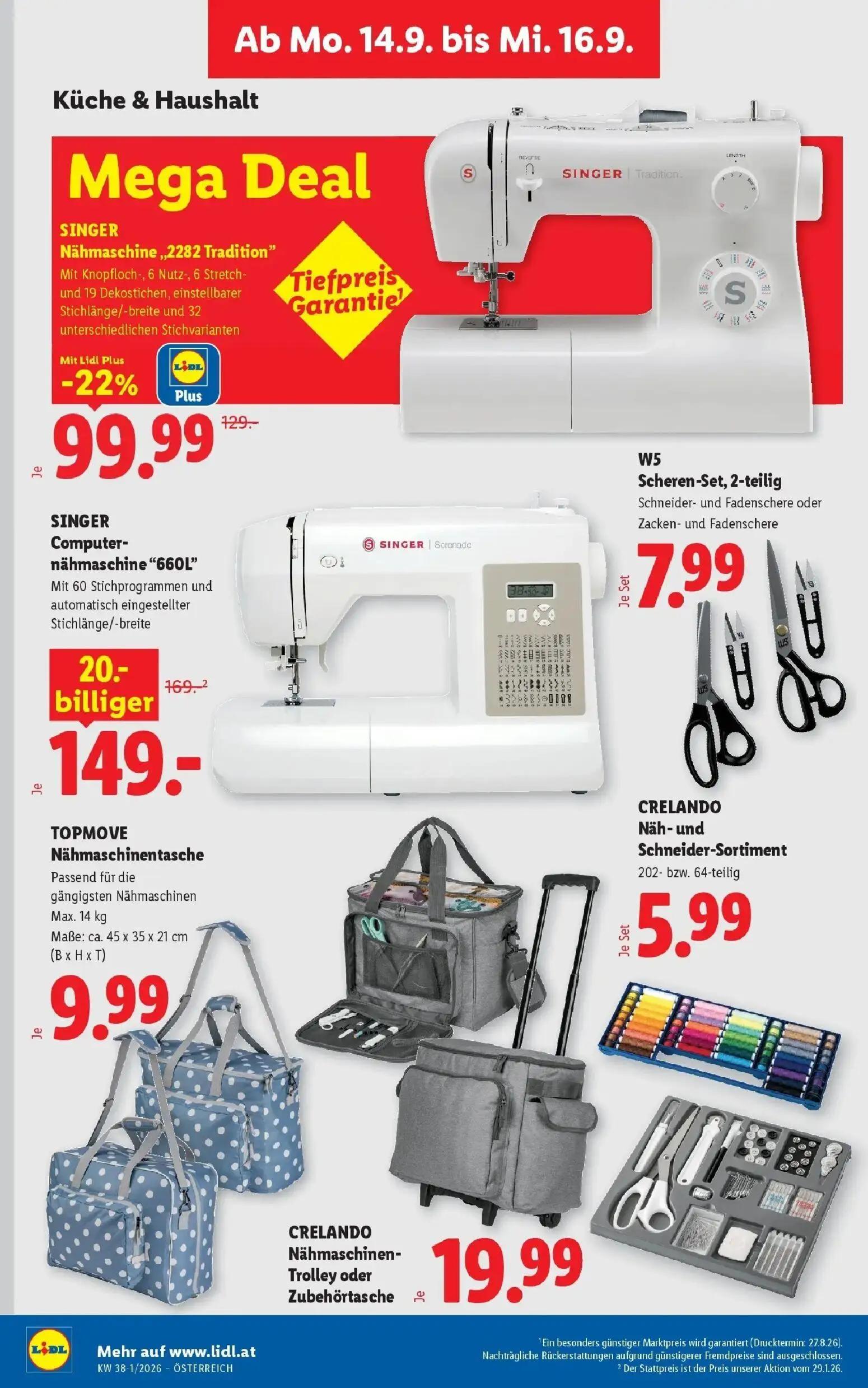 Lidl Prospekt, Seite 37 von 53 — SINGER Nähmaschine „2282 Tradition", SINGER Computer-nähmaschine "660L", W5 Scheren-Set, 2-…