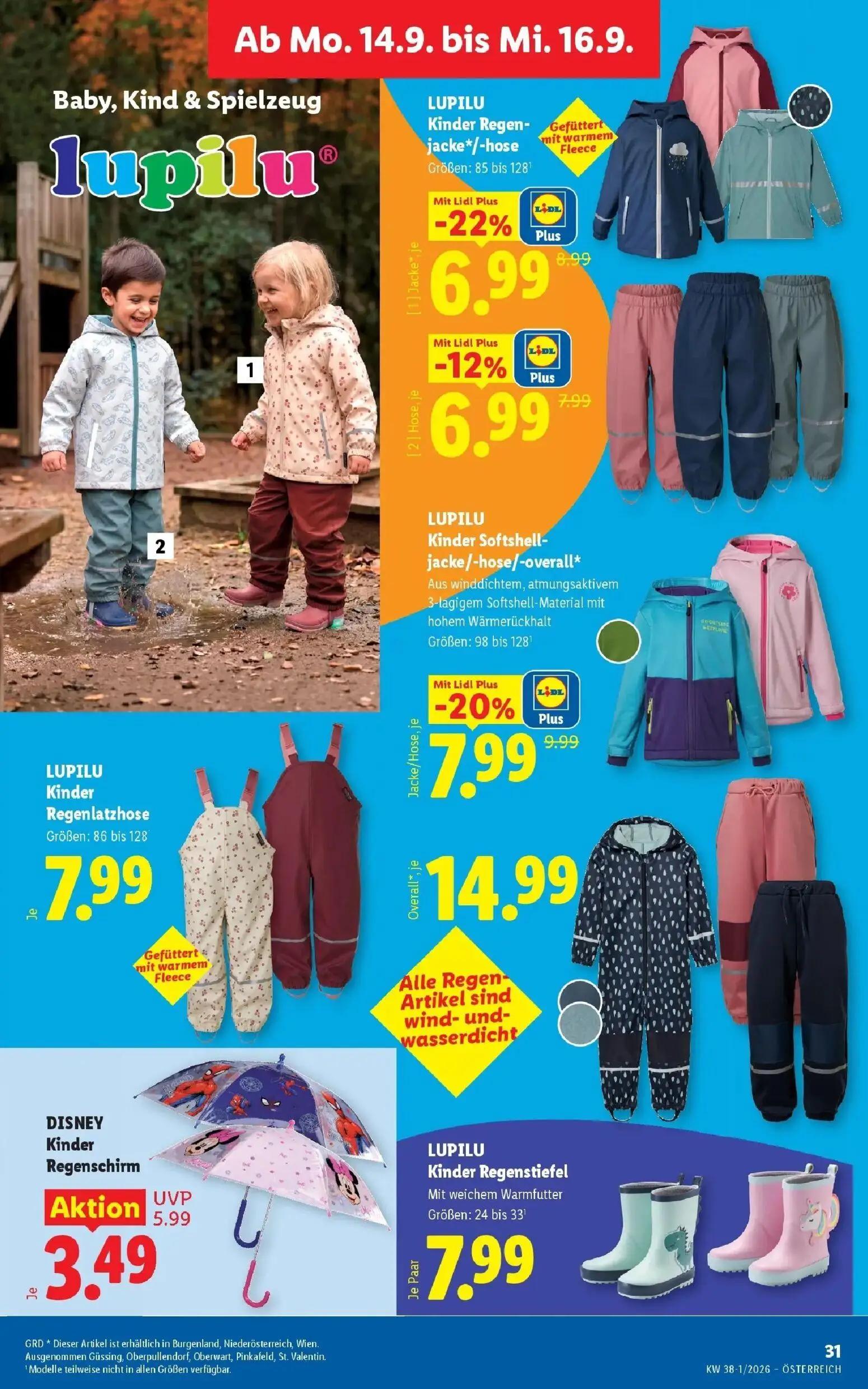 Lidl Prospekt, Seite 38 von 53 — DISNEY Kinder Regenschirm, LUPILU Kinder Regenjacke, LUPILU Kinder Softshelljacke/hose