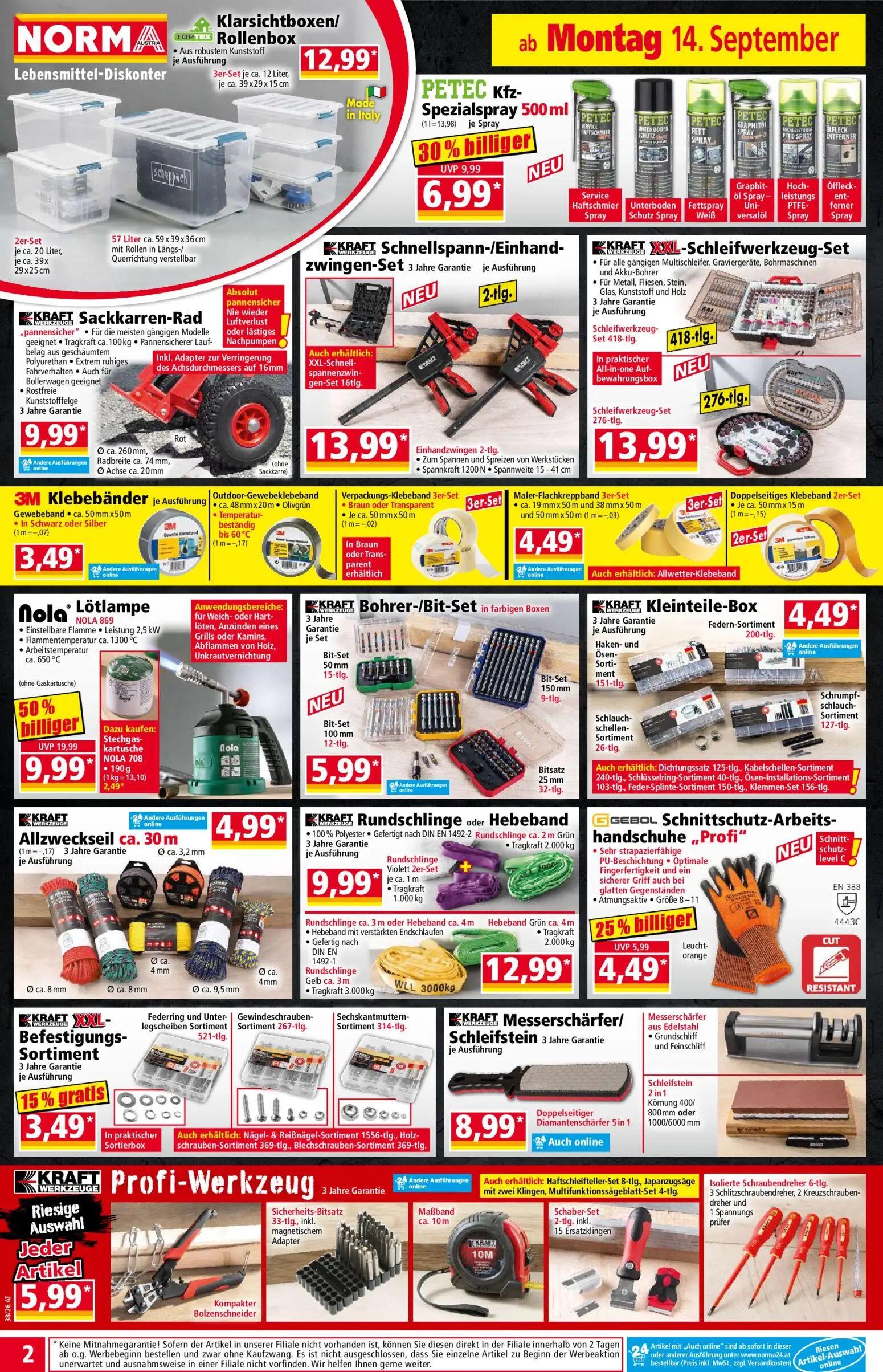 Norma Prospekt, Seite 2 von 20 — Nola Lötlamp, PETEC Kfz-Spezialspray 500 ml, GEBOL Schnittschutz-Arbeits handschuhe „Profi“