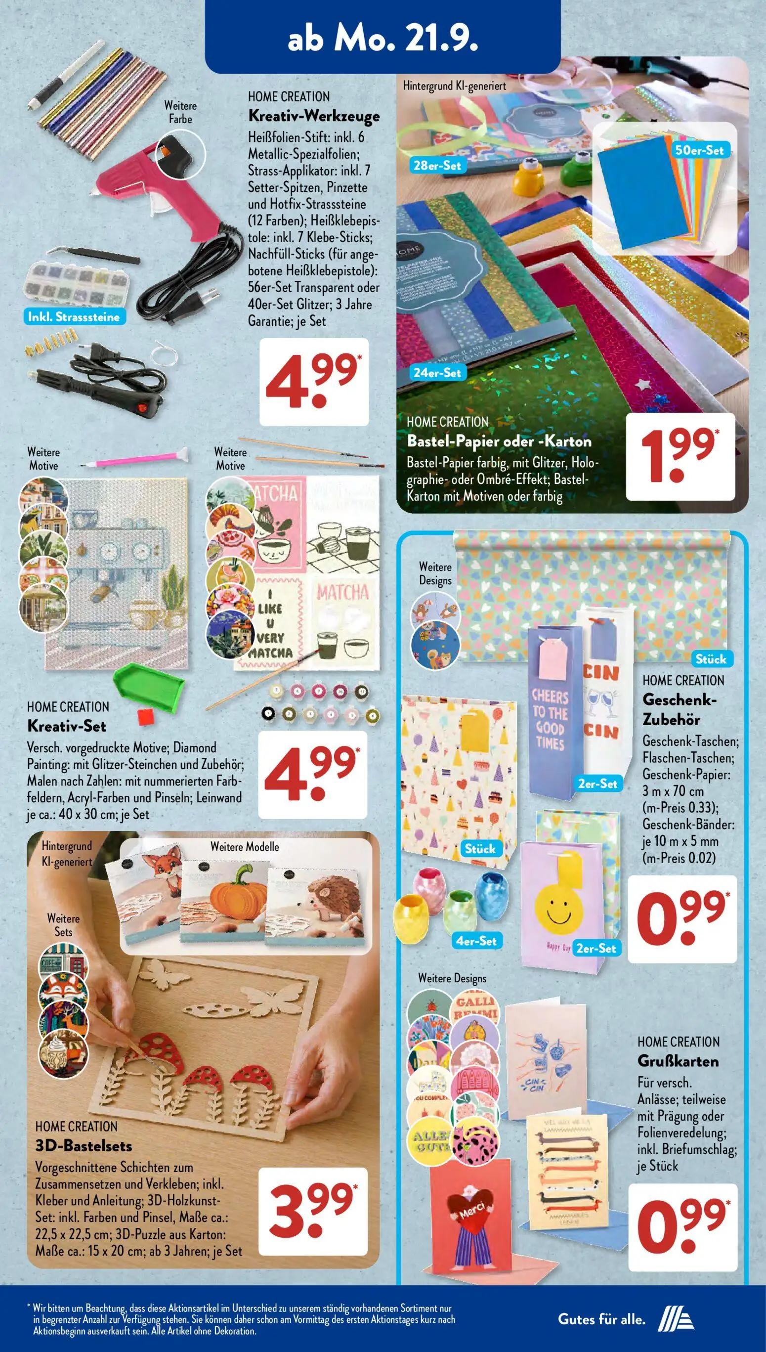 Aldi Süd Prospekt, Seite 5 von 21 — Kreativ-Werkzeuge, Bastel-Papier oder -Karton, Kreativ-Set