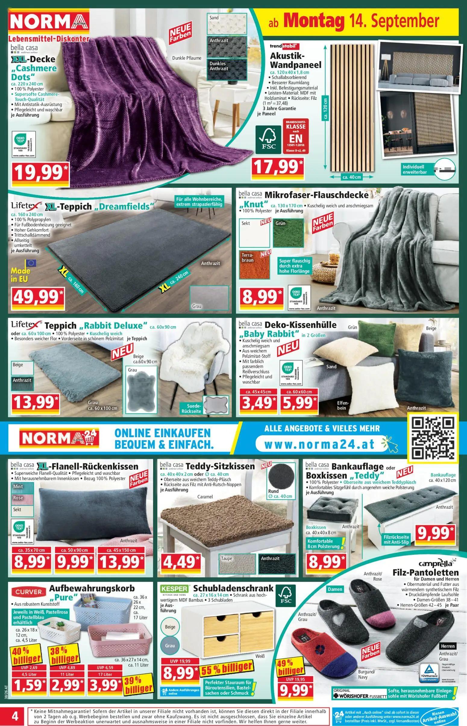 Norma Prospekt, Seite 4 von 20 — Schubladenschrank, Filz-Pantoletten, XL-Flanell-Rückenkissen
