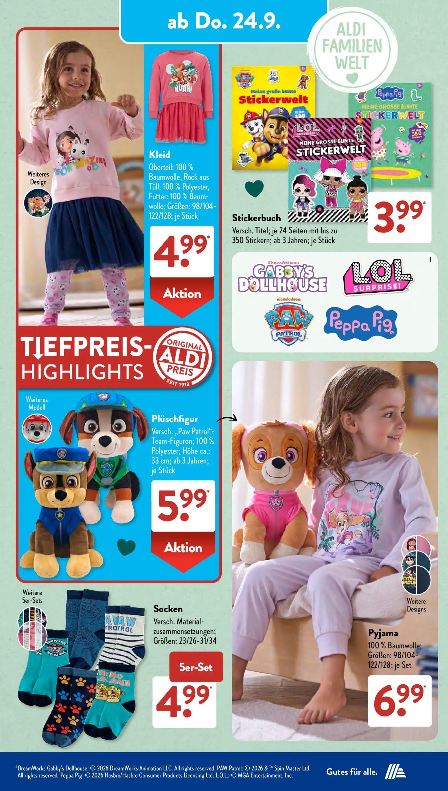 Aldi Süd Prospekt, Seite 7 von 21 — Kleid, Stickerbuch, Plüschfigur
