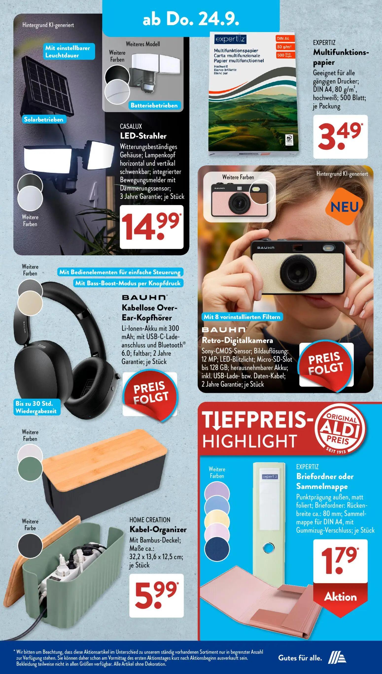 Aldi Süd Prospekt, Seite 9 von 21 — EXPERTIZ Multifunktionspapier, CASALUX LED-Strahler, HOME CREATION Kabel-Organizer