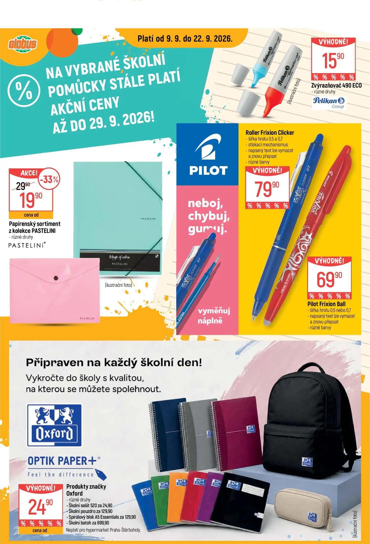 GLOBUS leták, strana 9 z 45 — Papírenský sortiment z kolekce PASTELINI, Zvýrazňovač 490 ECO, Roller Frixion Clicker