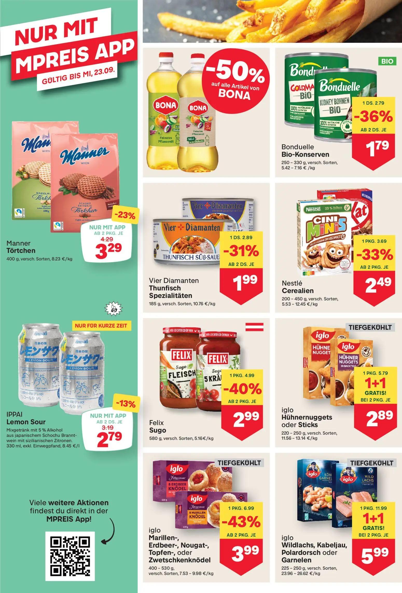 MPREIS Prospekt, Seite 8 von 18 — iglo Wildlachs, Kabeljau, Polardorsch oder Garnelen, iglo Marillen-, Erdbeer-, Nougat-, To…