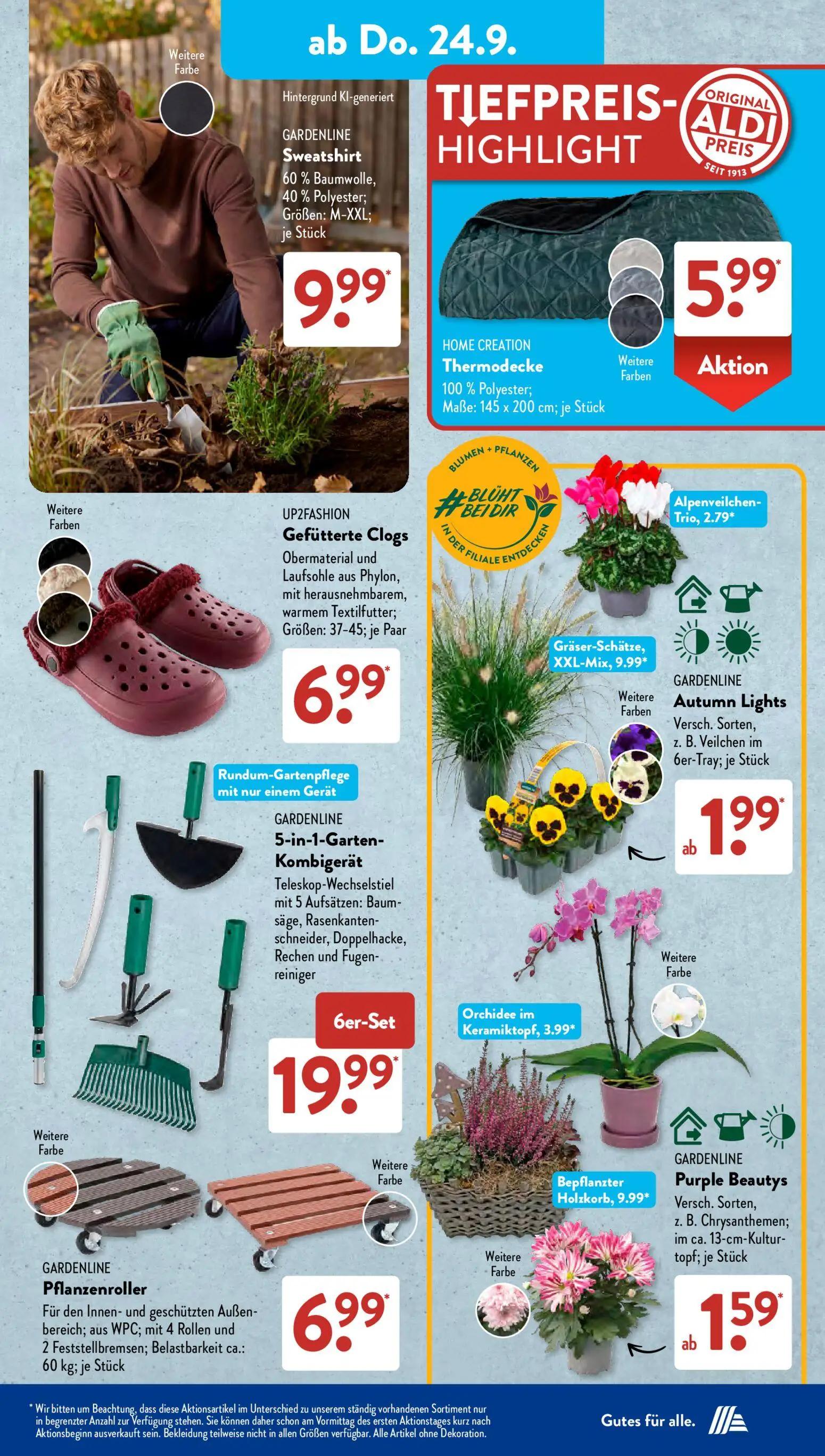 Aldi Süd Prospekt, Seite 11 von 21 — GARDENLINE Sweatshirt, HOME CREATION Thermodecke, UP2FASHION Gefütterte Clogs