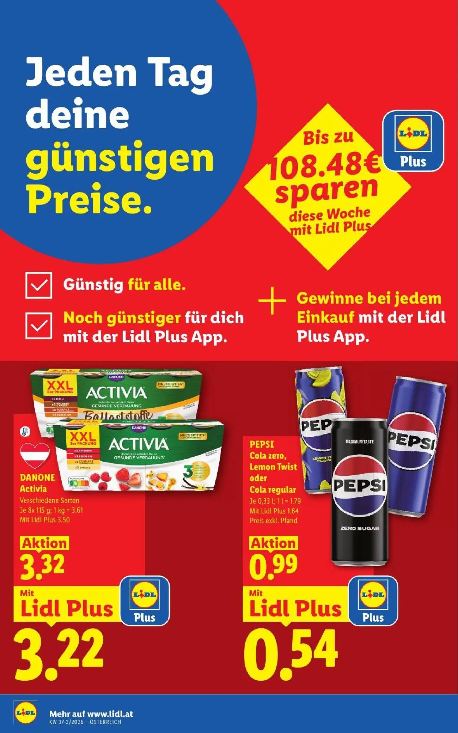 Lidl Prospekt, Seite 8 von 53 — PEPSI Cola zero, Lemon Twist oder Cola regular, DANONE Activia Verschiedene Sorten