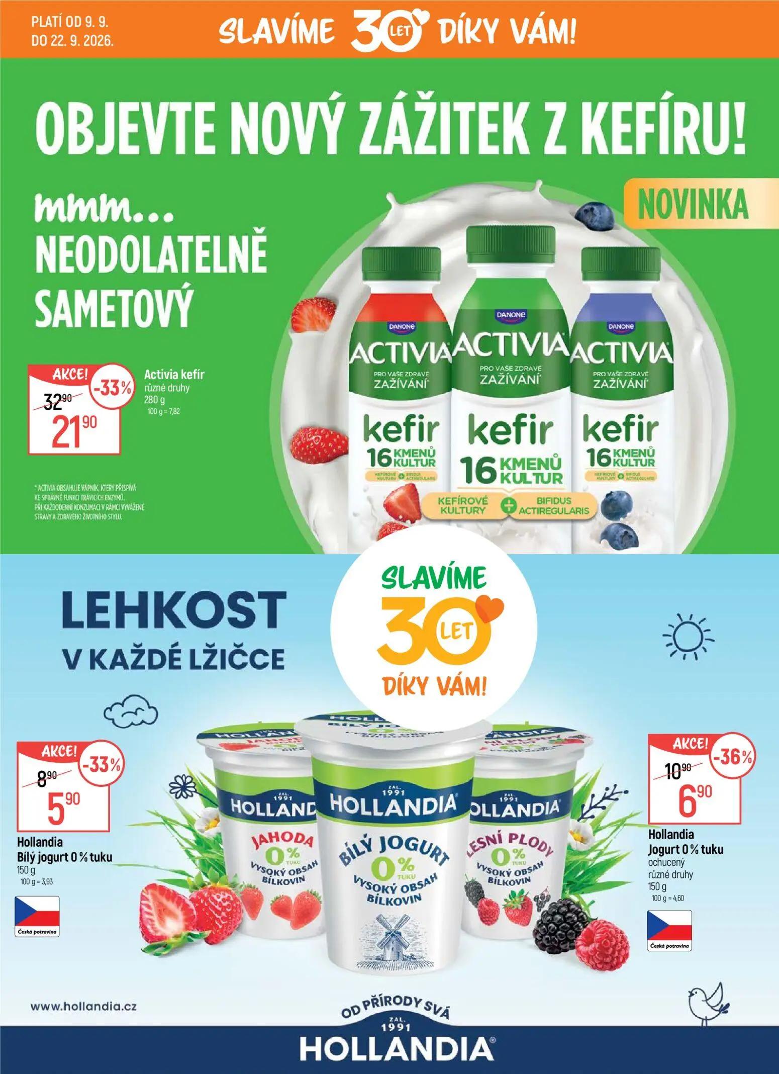 GLOBUS leták, strana 13 z 45 — Activia kefír různé druhy, Hollandia Jogurt 0% tuku ochucený různé druhy, Hollandia Bílý jogu…
