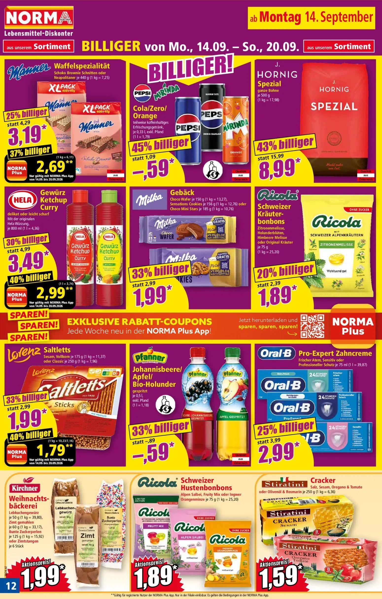 Norma Prospekt, Seite 12 von 20 — J. Hornig Spezial ganze Bohne, Hela Gewürz Ketchup Curry, Manner Waffelspezialität Schoko …