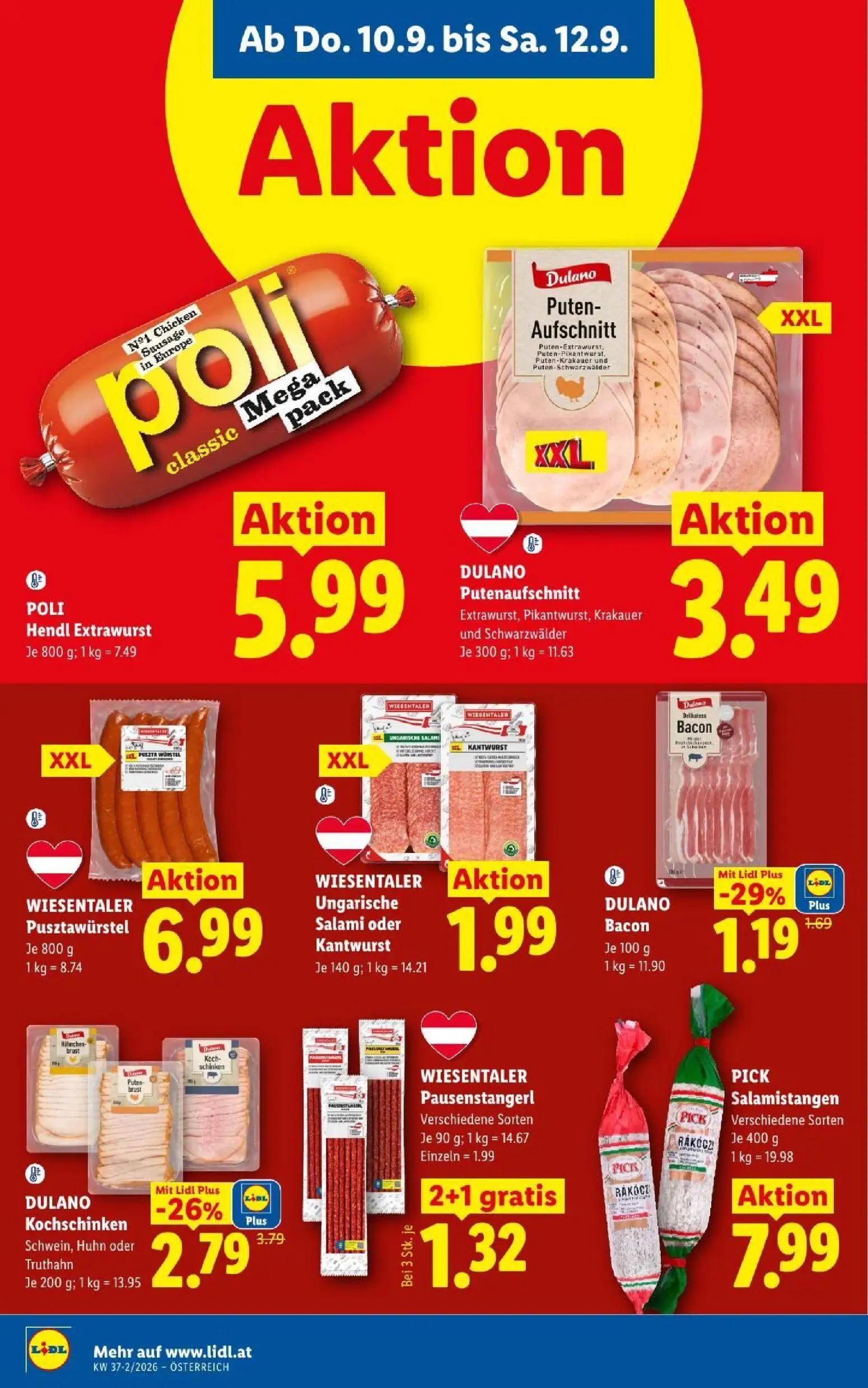 Lidl Prospekt, Seite 10 von 53 — DULANO Kochschinken Schwein, Huhn oder Truthahn, DULANO Bacon, POLI Hendl Extrawurst