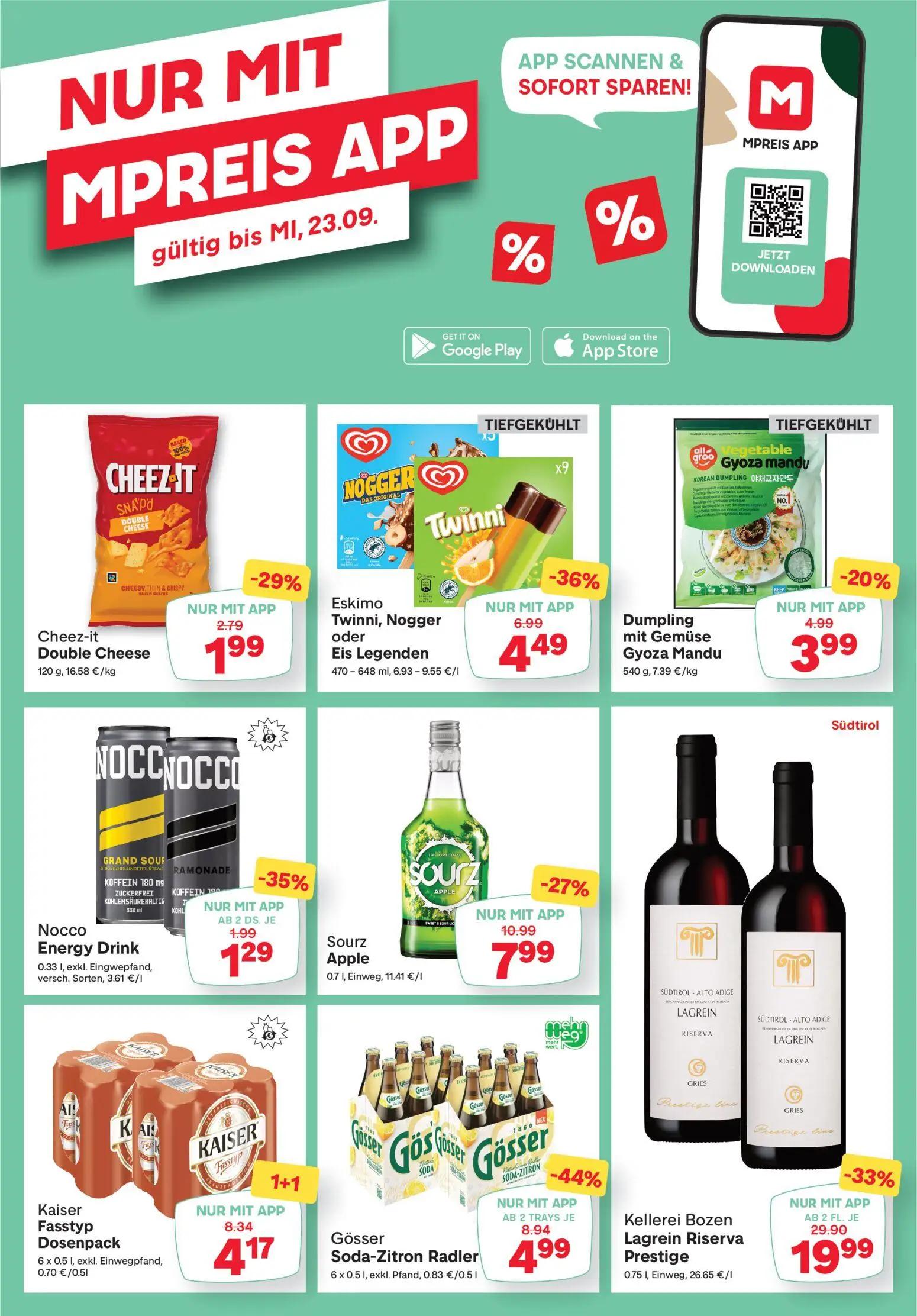MPREIS Prospekt, Seite 14 von 18 — Kellerei Bozen Lagrein Riserva Prestige, Kaiser Fasstyp Dosenpack, Gösser Soda-Zitron Rad…