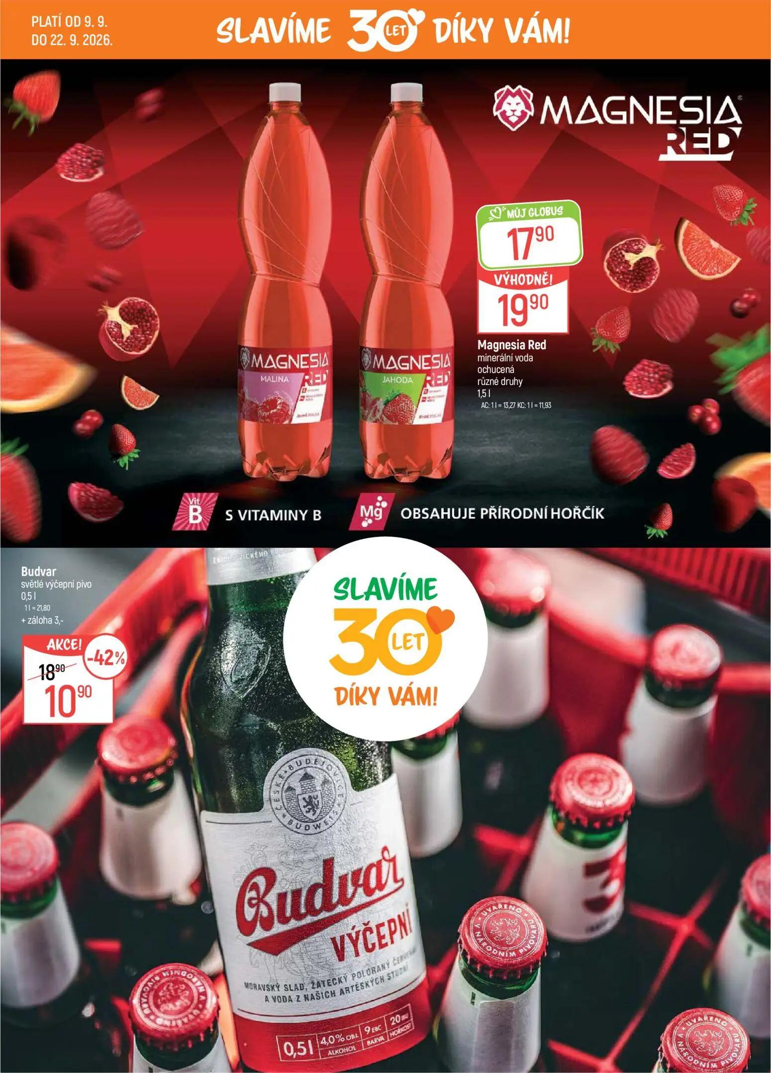 GLOBUS leták, strana 15 z 45 — Budvar světlé výčepní pivo, Magnesia Red minerální voda ochucená různé druhy