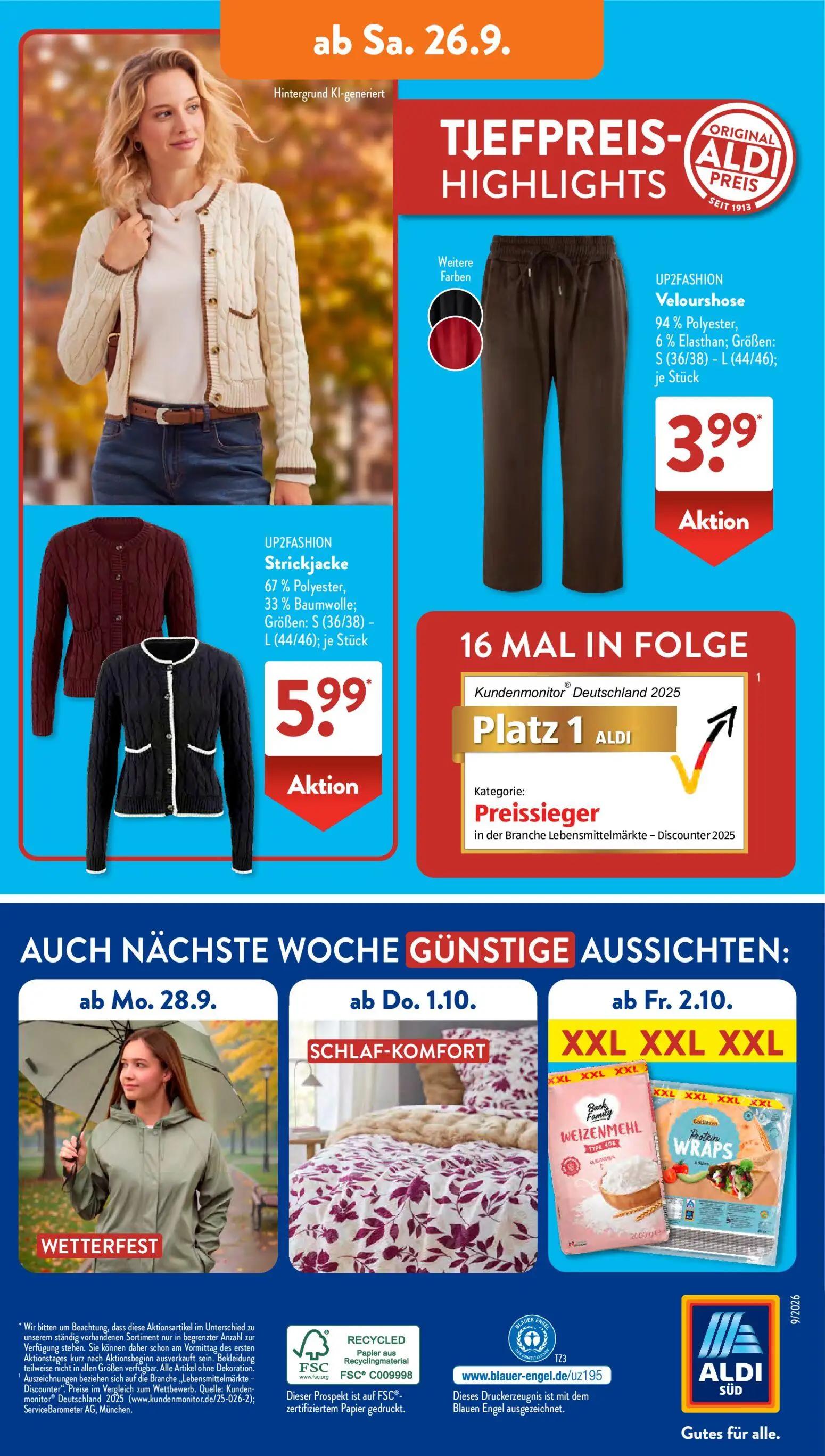 Aldi Süd Prospekt, Seite 16 von 21 — UP2FASHION Velourshose, UP2FASHION Strickjacke