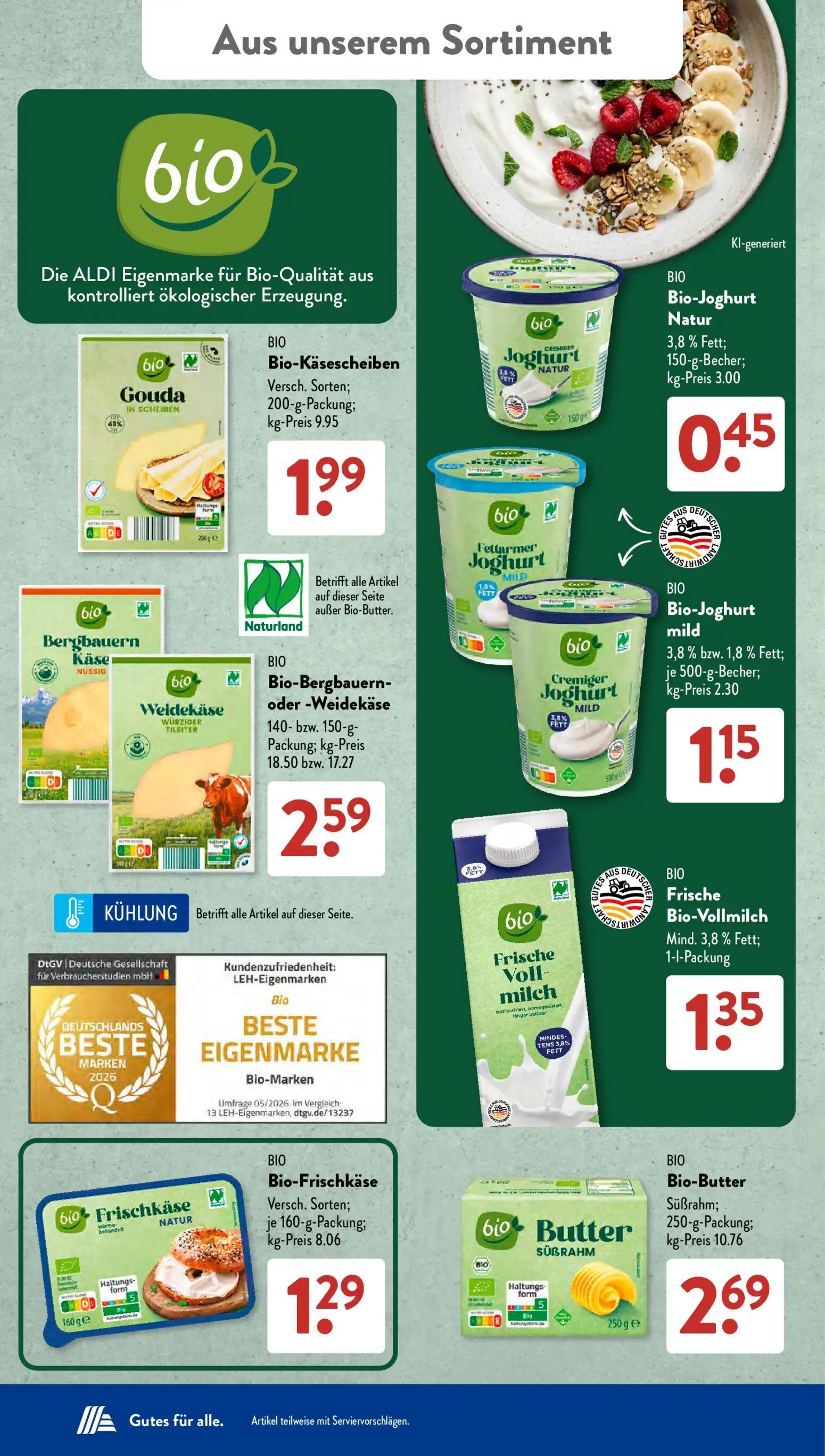 Aldi Süd Prospekt, Seite 17 von 21 — Bio-Käsescheiben Gouda, Bio-Joghurt Natur, Bio-Bergbauern- oder -Weidekäse