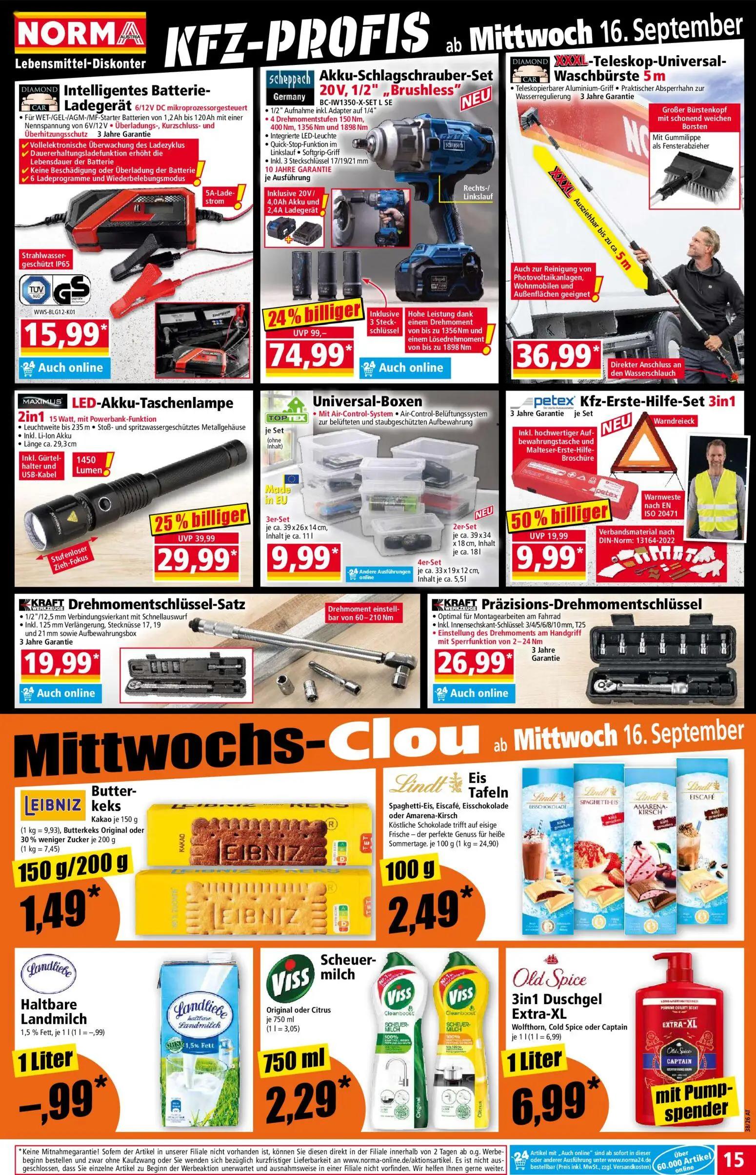 Norma Prospekt, Seite 15 von 20 — Akku-Schlagschrauber-Set, LED-Akku-Taschenlampe, Kfz-Erste-Hilfe-Set 3in1