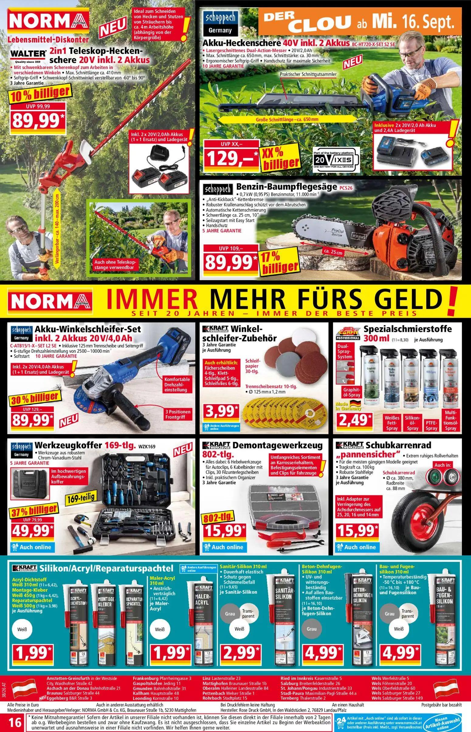 Norma Prospekt, Seite 16 von 20 — Akku-Winkelschleifer-Set, Werkzeugkoffer 169-tlg. WZK169, Benzin-Baumpflegesäge PCS26