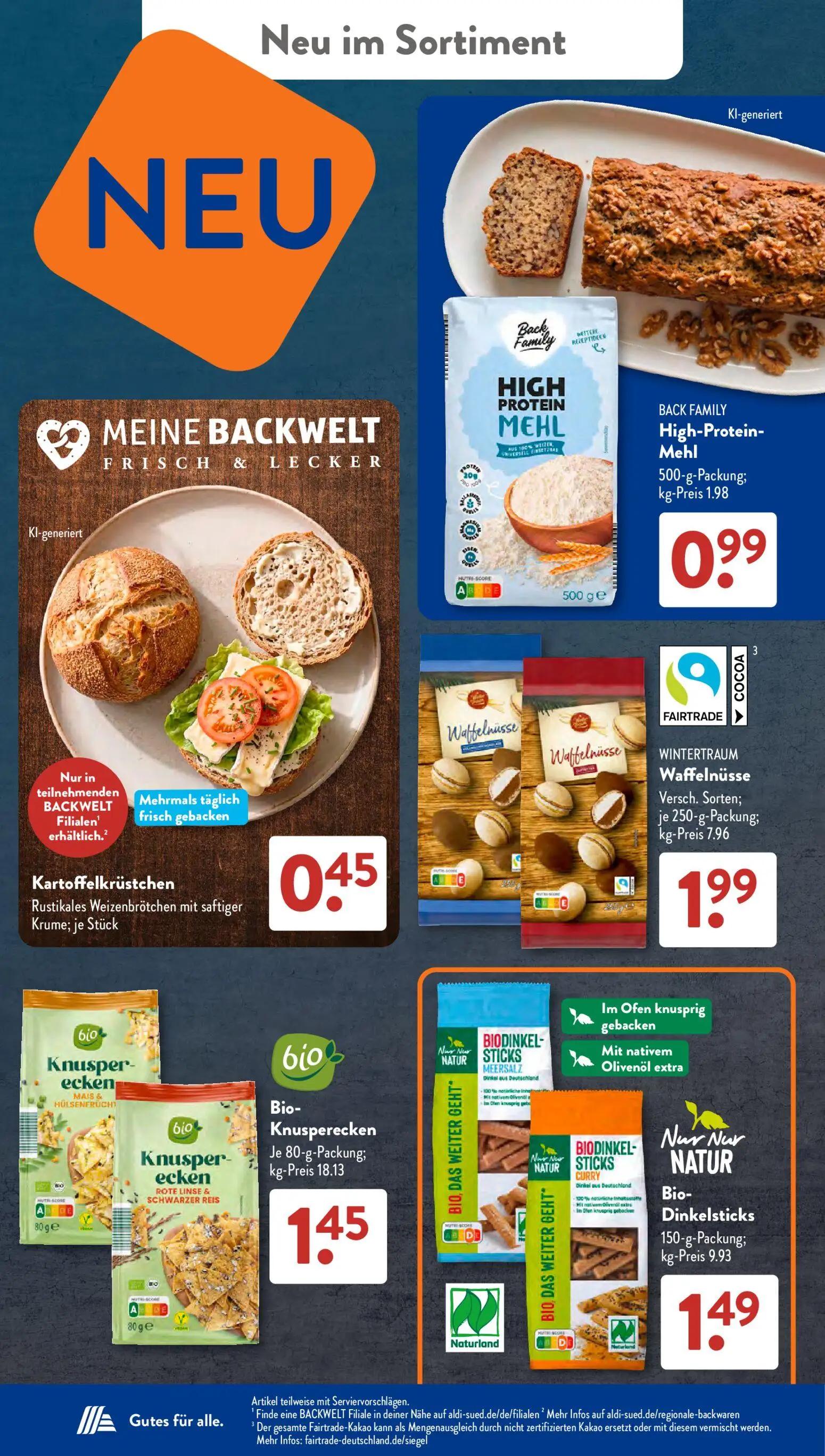 Aldi Süd Prospekt, Seite 19 von 21 — High-Protein-Mehl, Kartoffelkrüstchen Rustikales Weizenbrötchen mit saftiger Krume, Waf…