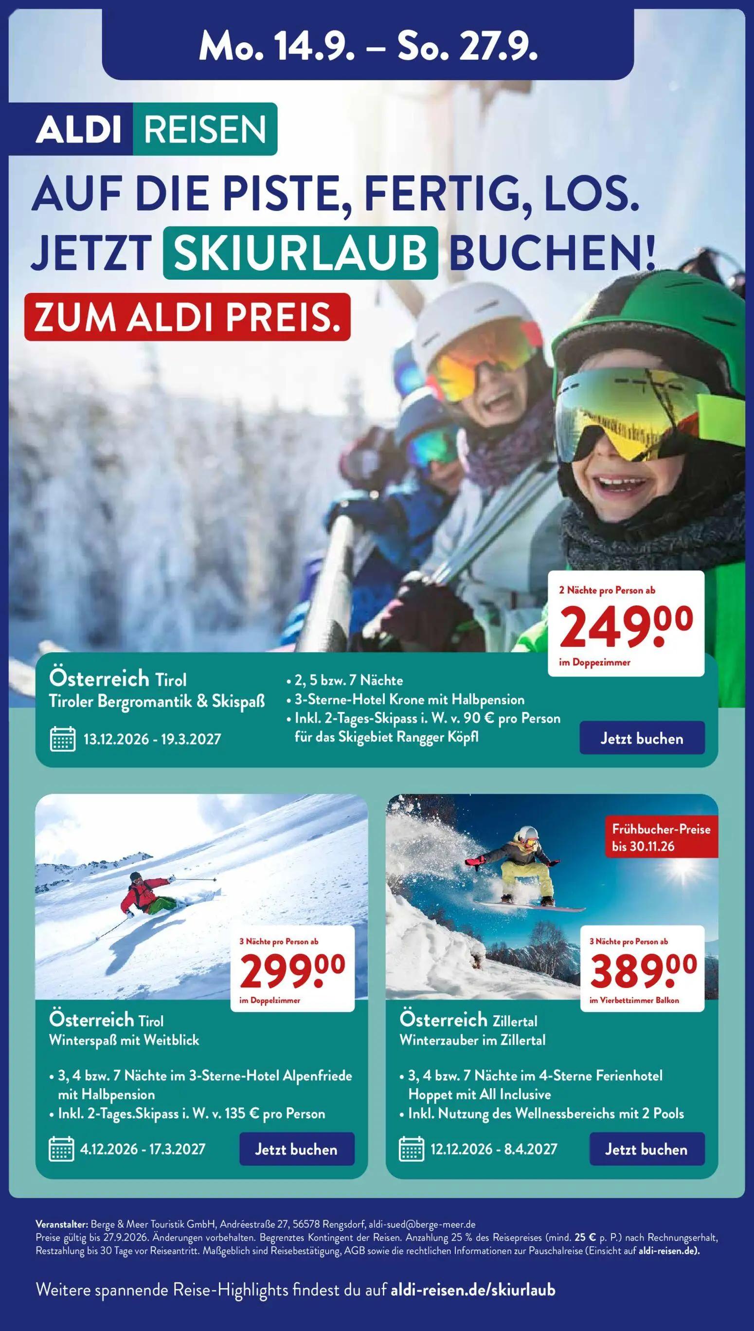 Aldi Süd Prospekt, Seite 20 von 21 — Österreich Tirol Tiroler Bergromantik & Skispaß, Österreich Tirol Winterspaß mit Weitbl…