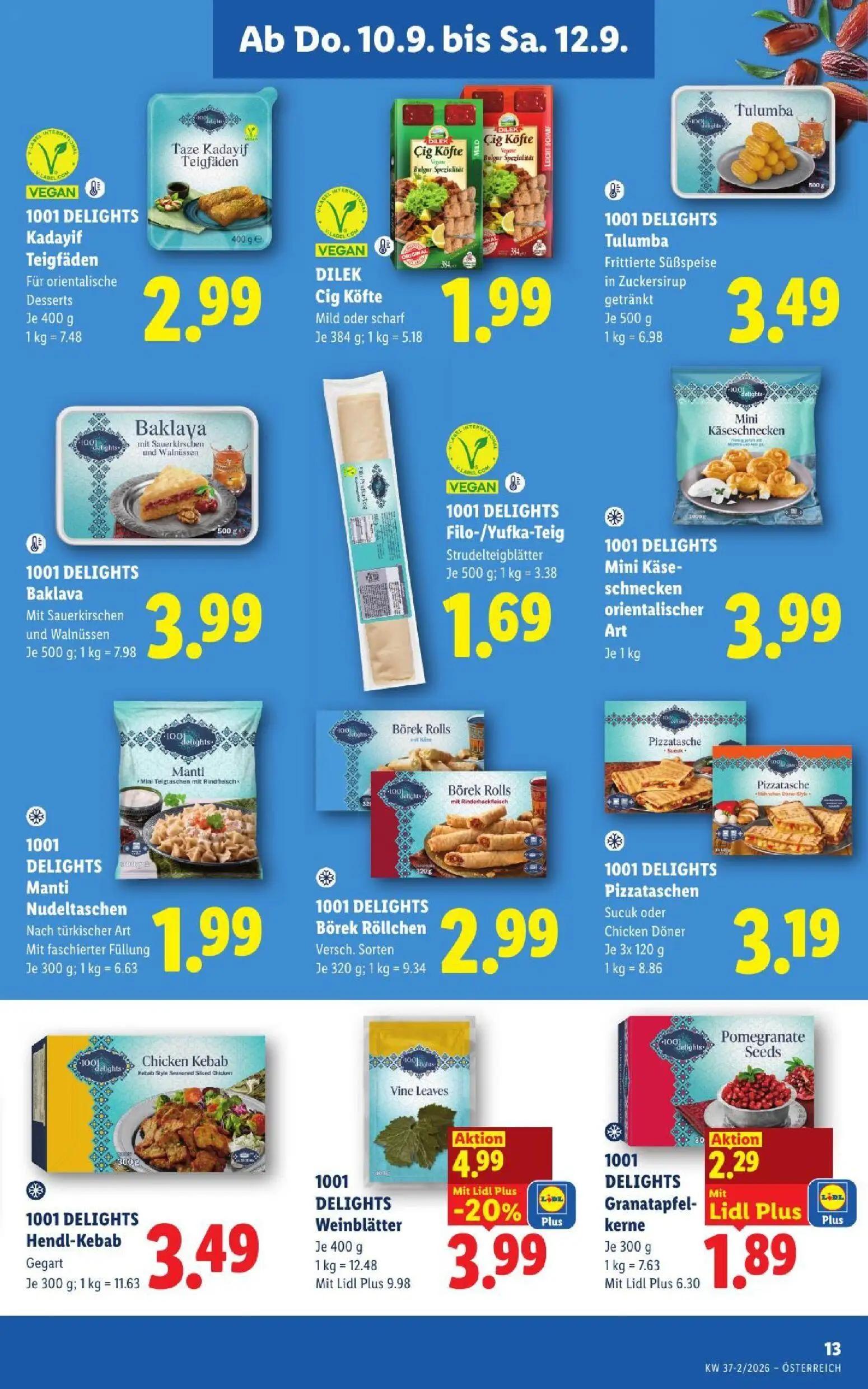 Lidl Prospekt, Seite 15 von 53 — 1001 DELIGHTS Weinblätter, 1001 DELIGHTS Granatapfelkerne, 1001 DELIGHTS Kadayif Teigfäden …