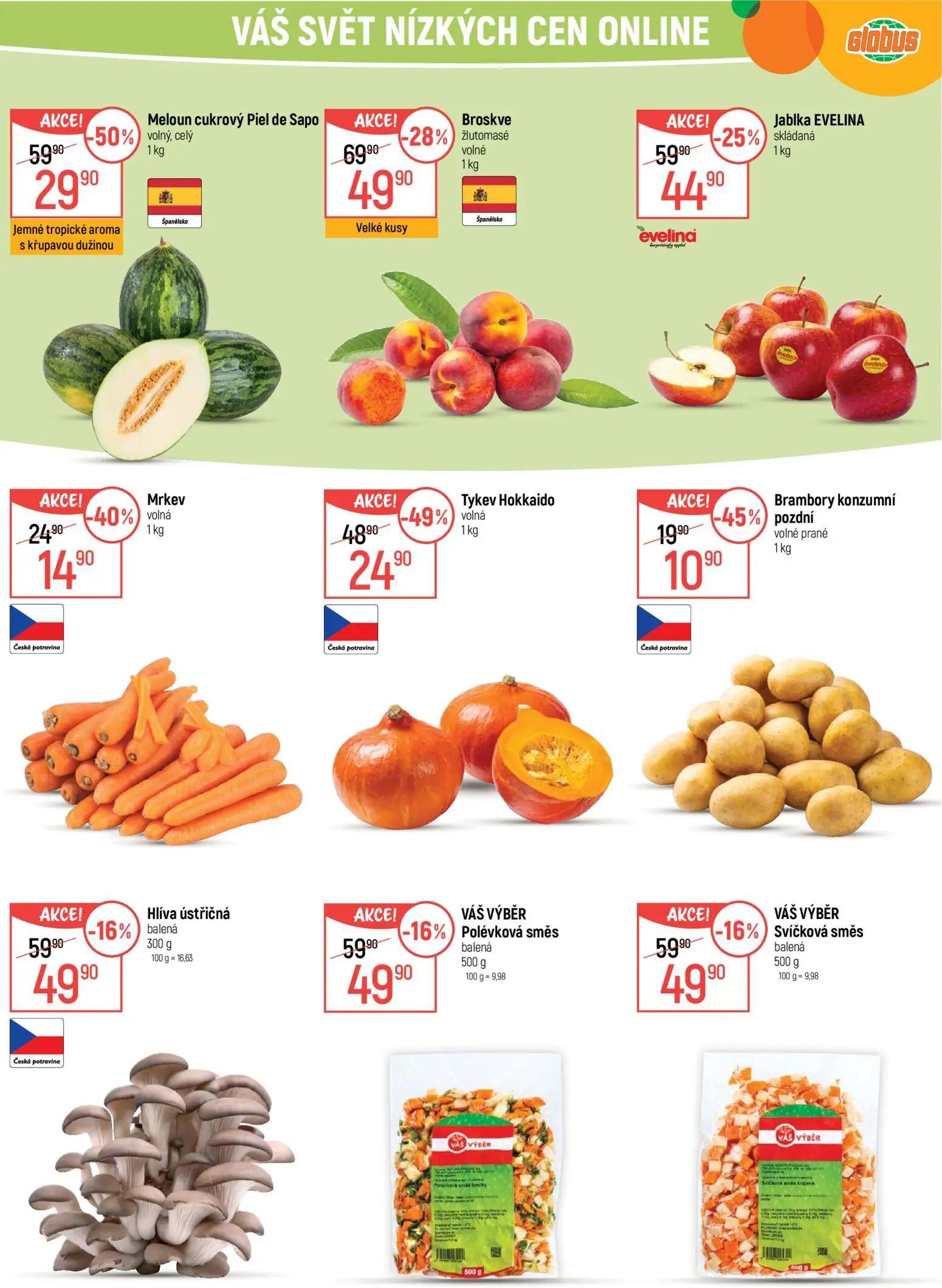 GLOBUS leták, strana 20 z 45 — Meloun cukrový Piel de Sapo, Tykev Hokkaido volná, Broskve žlutomasé