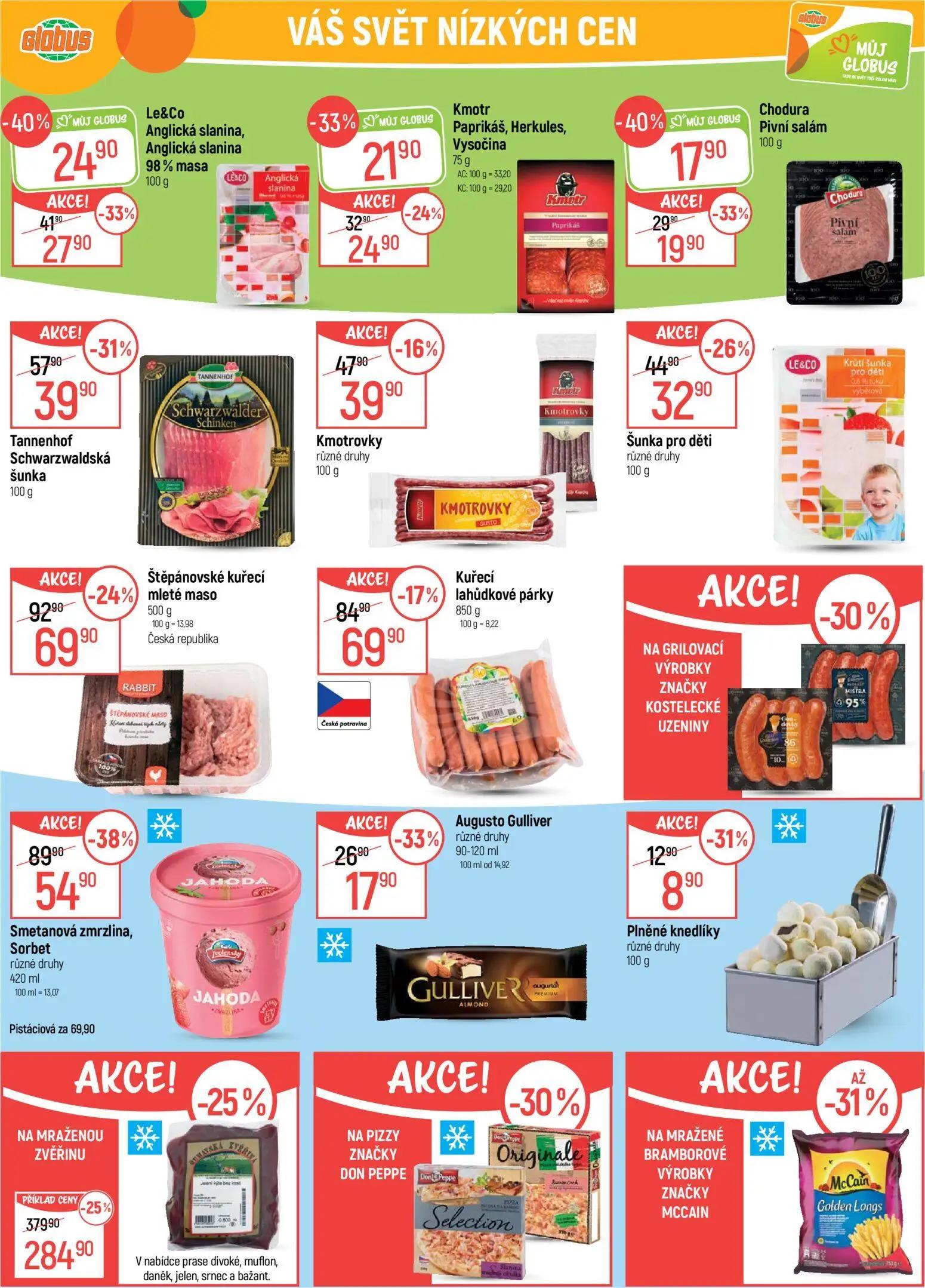 GLOBUS leták, strana 23 z 45 — NA MRAŽENOU ZVĚŘINU, Smetanová zmrzlina, Sorbet různé druhy, Štěpánovské kuřecí mleté maso