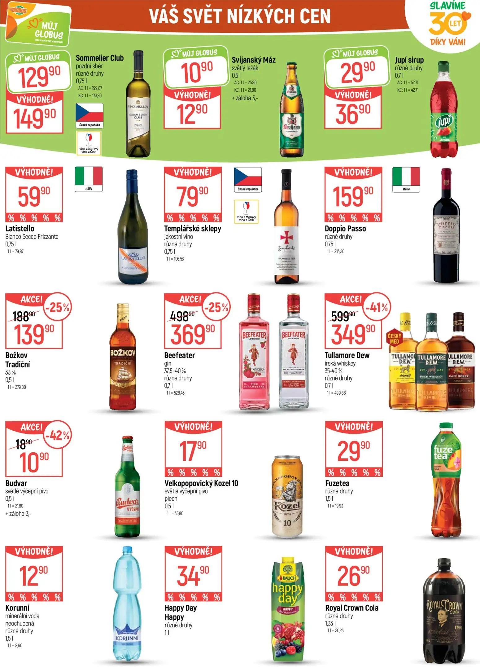 GLOBUS leták, strana 28 z 45 — Tullamore Dew irská whiskey různé druhy, Beefeater gin různé druhy, Božkov Tradiční