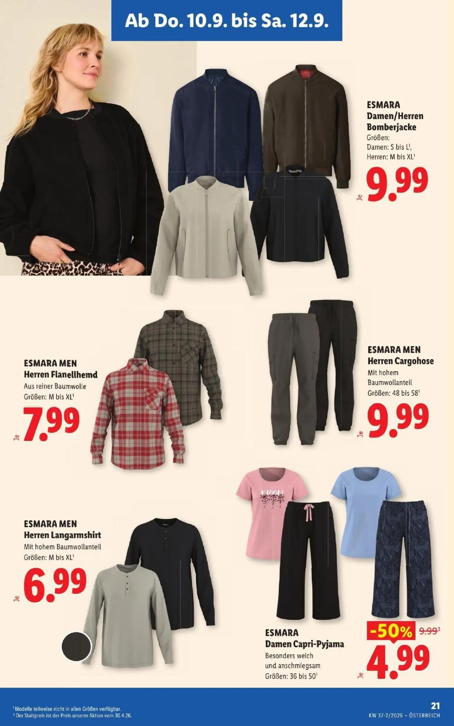 Lidl Prospekt, Seite 25 von 53 — ESMARA Damen Capri-Pyjama, ESMARA Damen/Herren Bomberjacke, ESMARA MEN Herren Flanellhemd