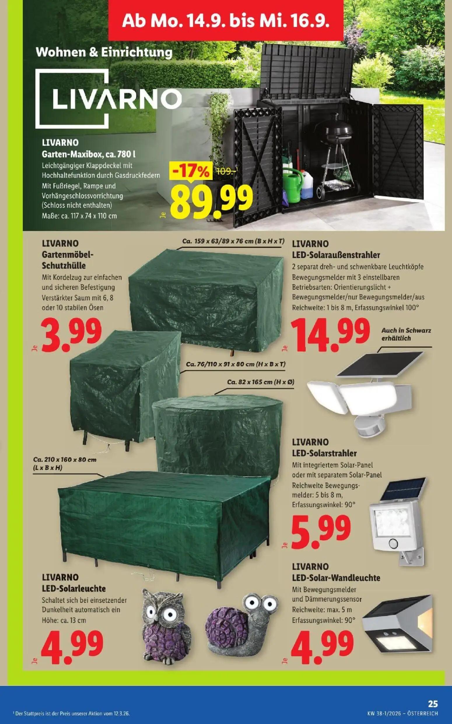 Lidl Prospekt, Seite 32 von 53 — LIVARNO Garten-Maxibox, LIVARNO Gartenmöbel-Schutzhülle, LIVARNO LED-Solaraußenstrahler