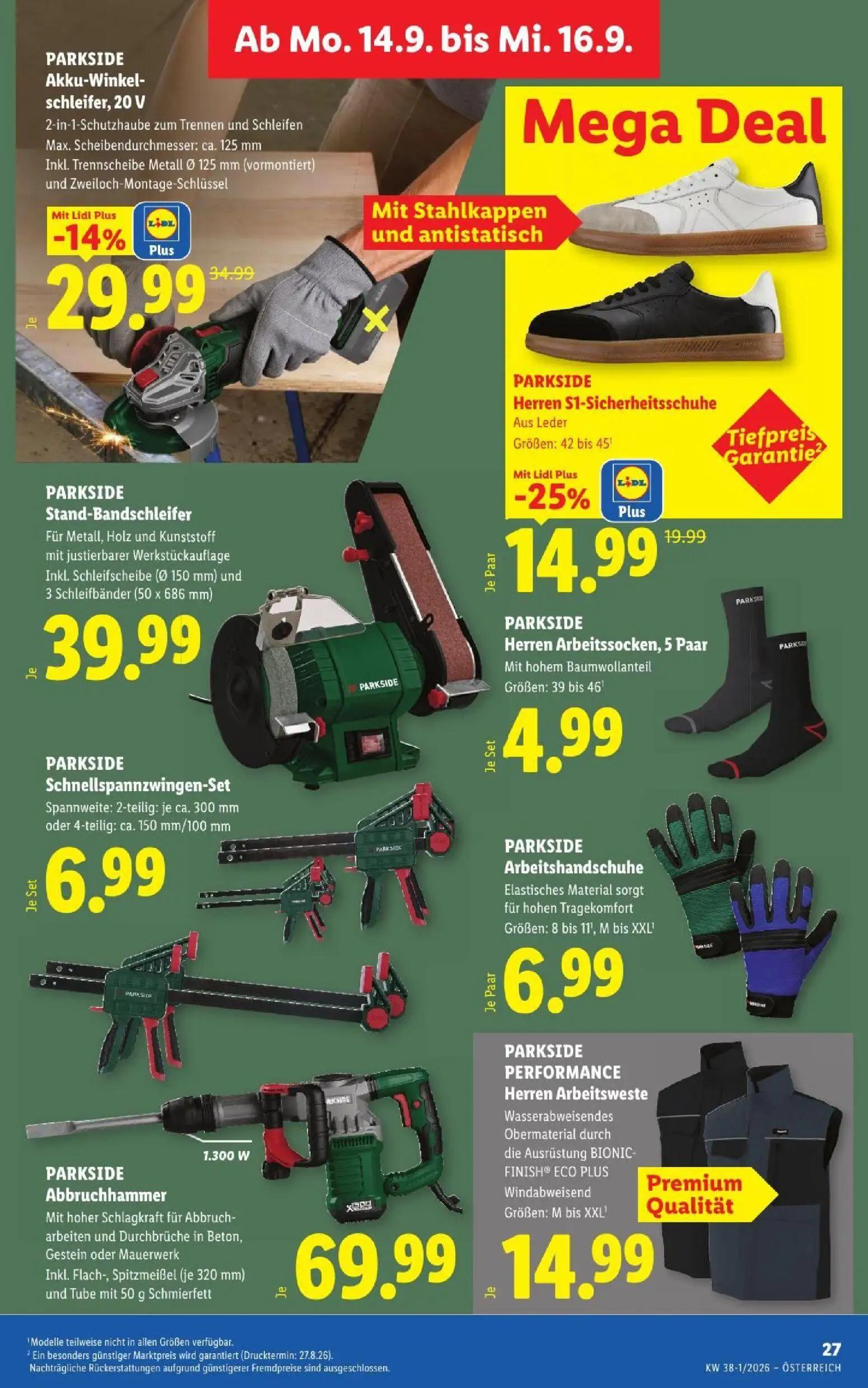 Lidl Prospekt, Seite 34 von 53 — PARKSIDE Akku-Winkel-schleifer, 20 V, PARKSIDE Herren S1-Sicherheitsschuhe, PARKSIDE Stand-…