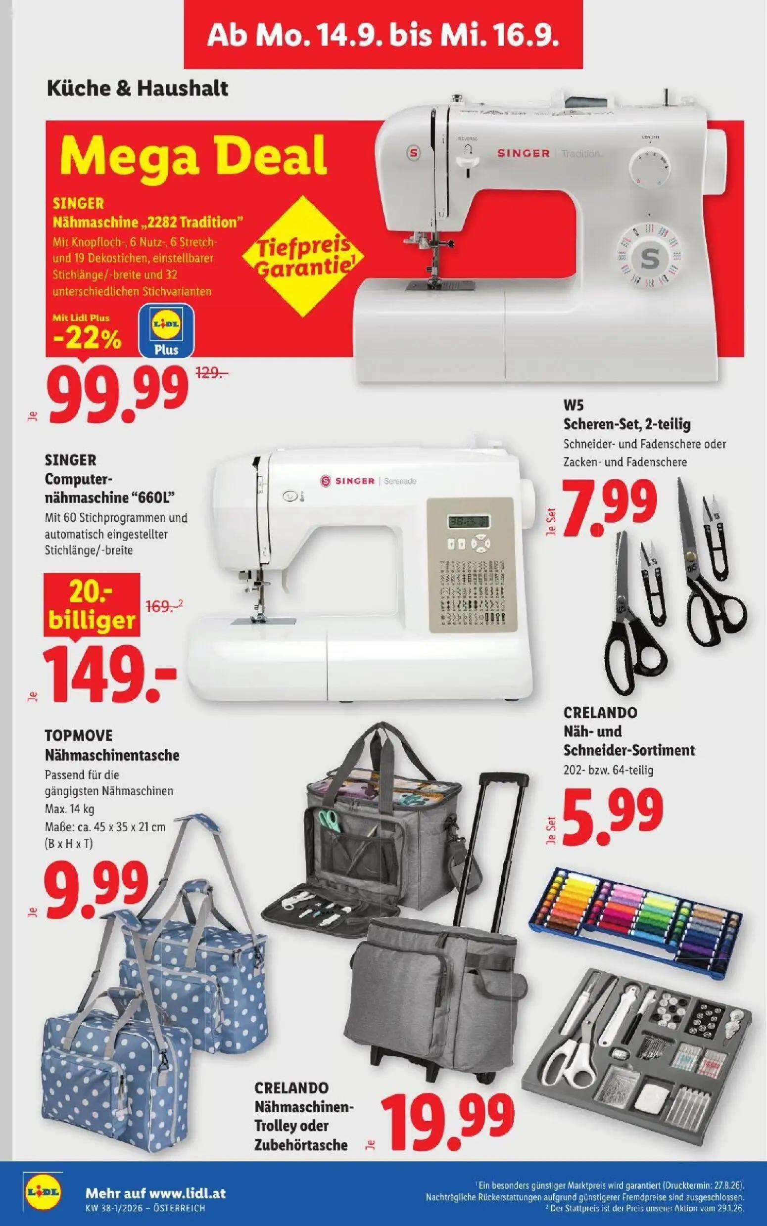 Lidl Prospekt, Seite 37 von 53 — SINGER Nähmaschine „2282 Tradition", SINGER Computer-nähmaschine "660L", W5 Scheren-Set, 2-…