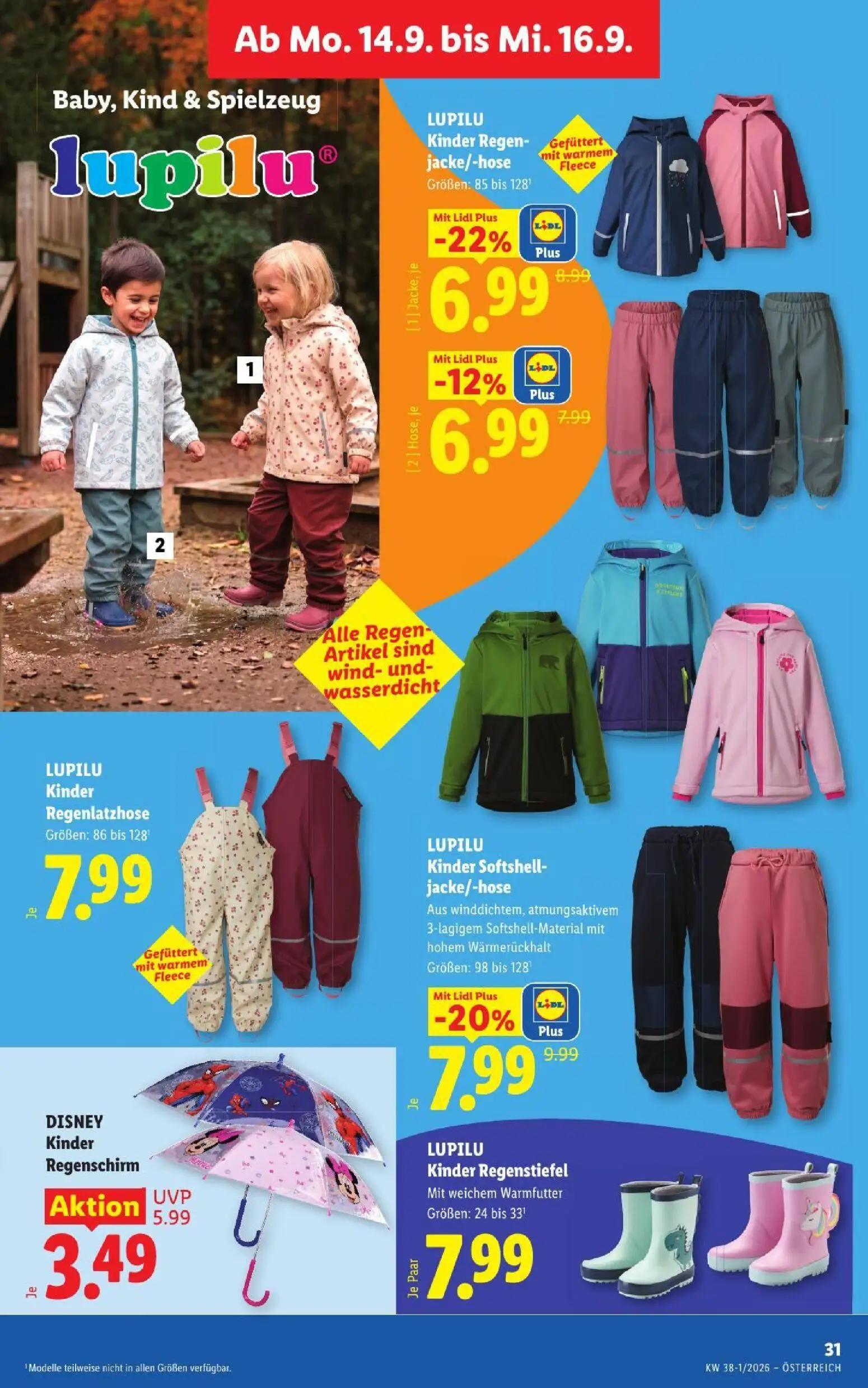 Lidl Prospekt, Seite 38 von 53 — DISNEY Kinder Regenschirm, LUPILU Kinder Regenjacke/-hose, LUPILU Kinder Softshell- jacke/-…