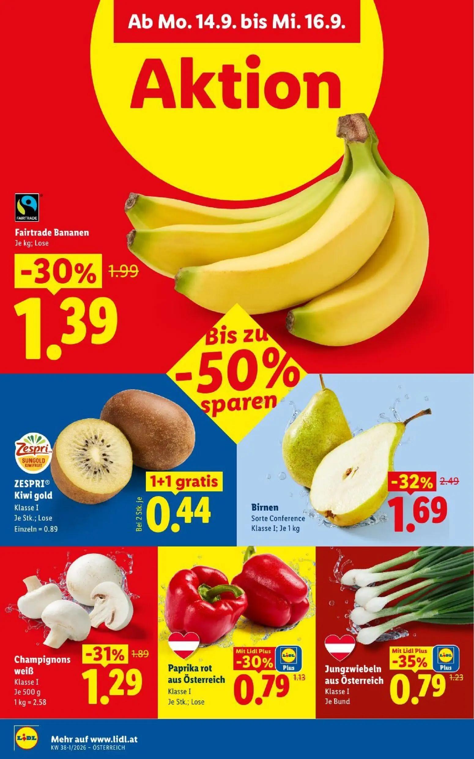 Lidl Prospekt, Seite 41 von 53 — Birnen Sorte Conference, Fairtrade Bananen, Champignons weiß