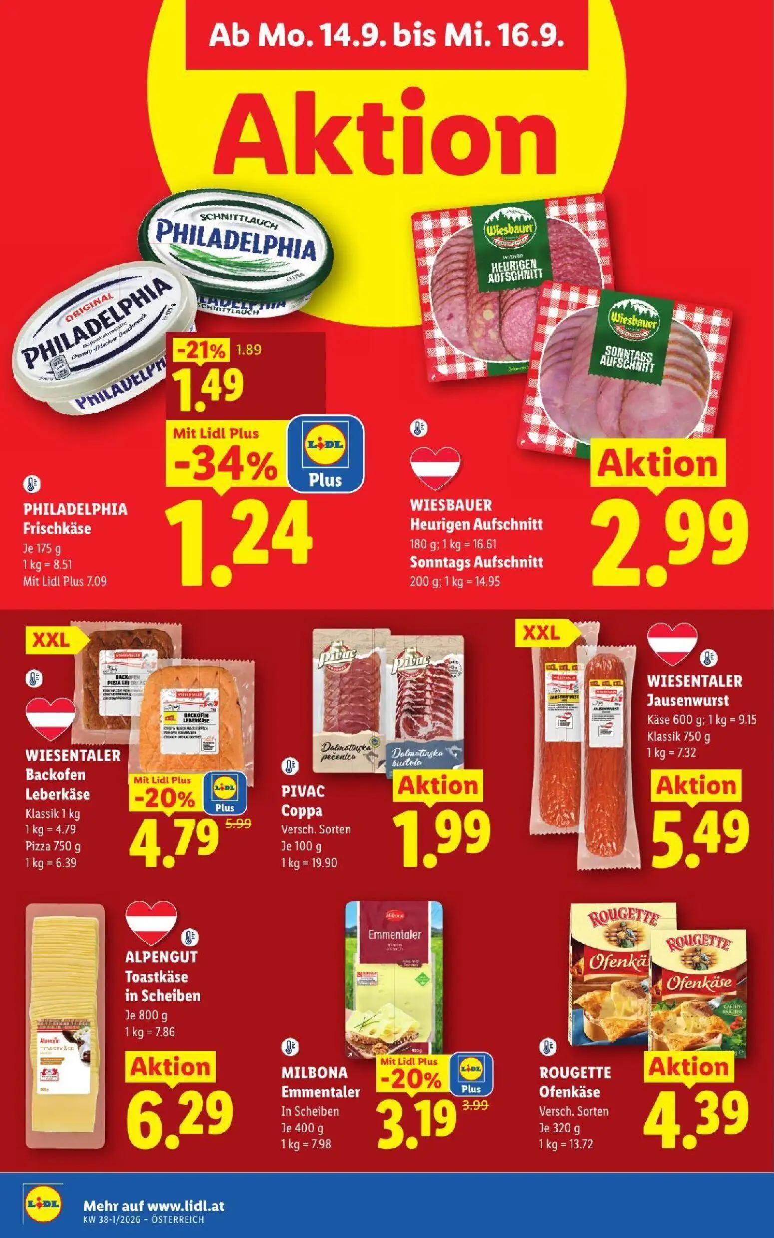 Lidl Prospekt, Seite 43 von 53 — WIESENTALER Backofen Leberkäse, MILBONA Emmentaler In Scheiben, PHILADELPHIA Frischkäse