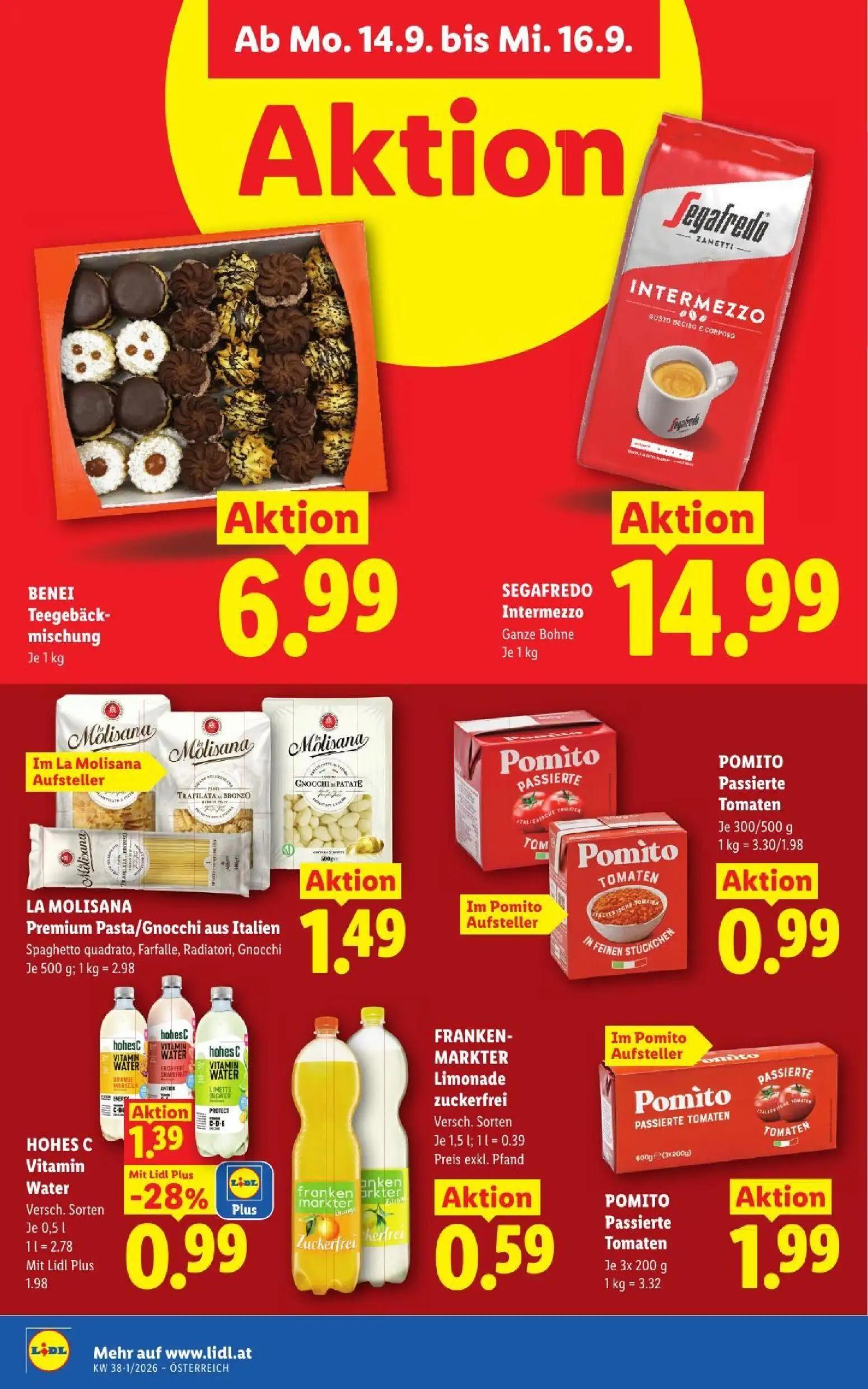 Lidl Prospekt, Seite 45 von 53 — HOHES C Vitamin Water Versch. Sorten, BENEI Teegebäckmischung, SEGAFREDO Intermezzo Ganze B…