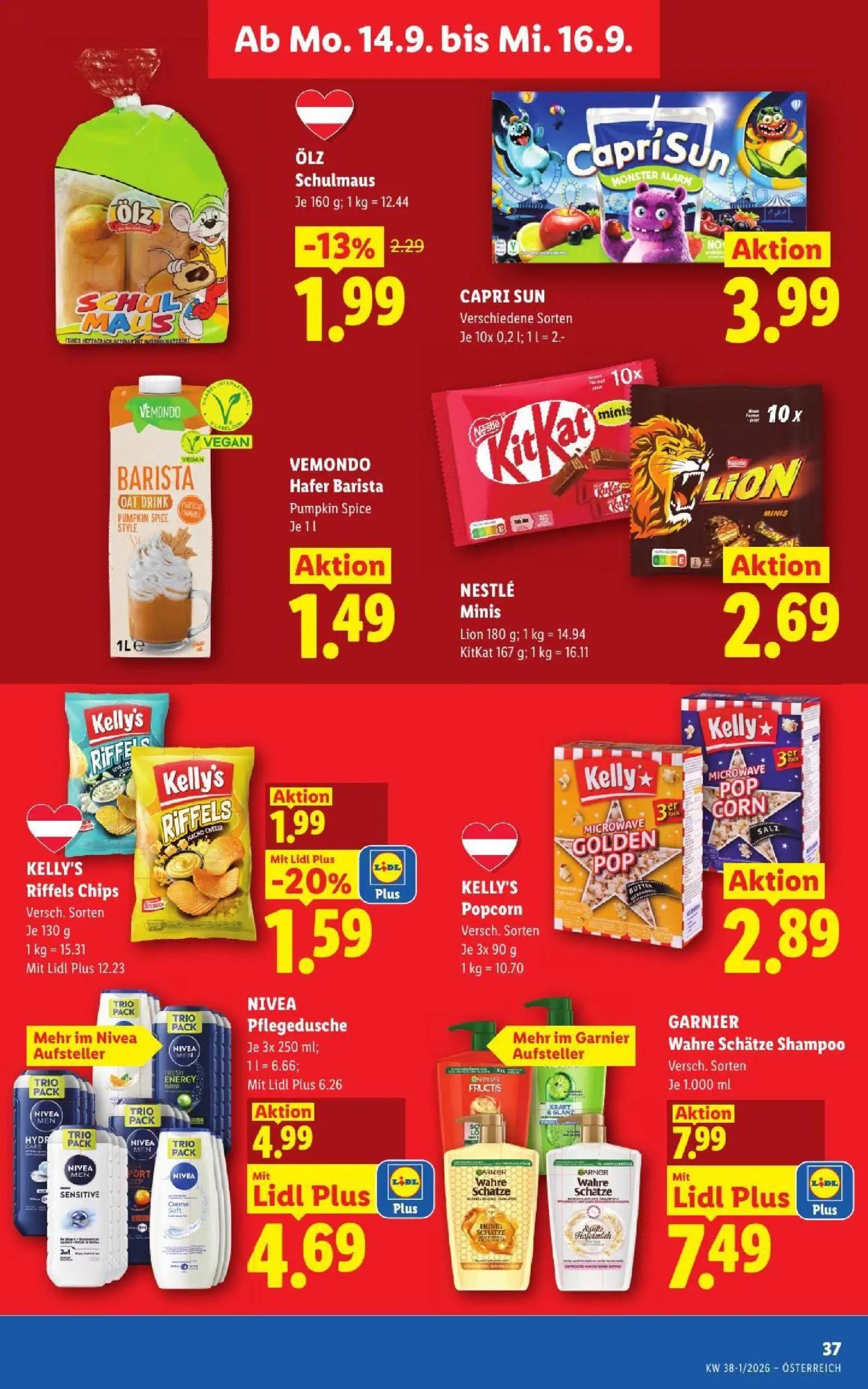 Lidl Prospekt, Seite 46 von 53 — GARNIER Wahre Schätze Shampoo, KELLY'S Riffels Chips, ÖLZ Schulmaus