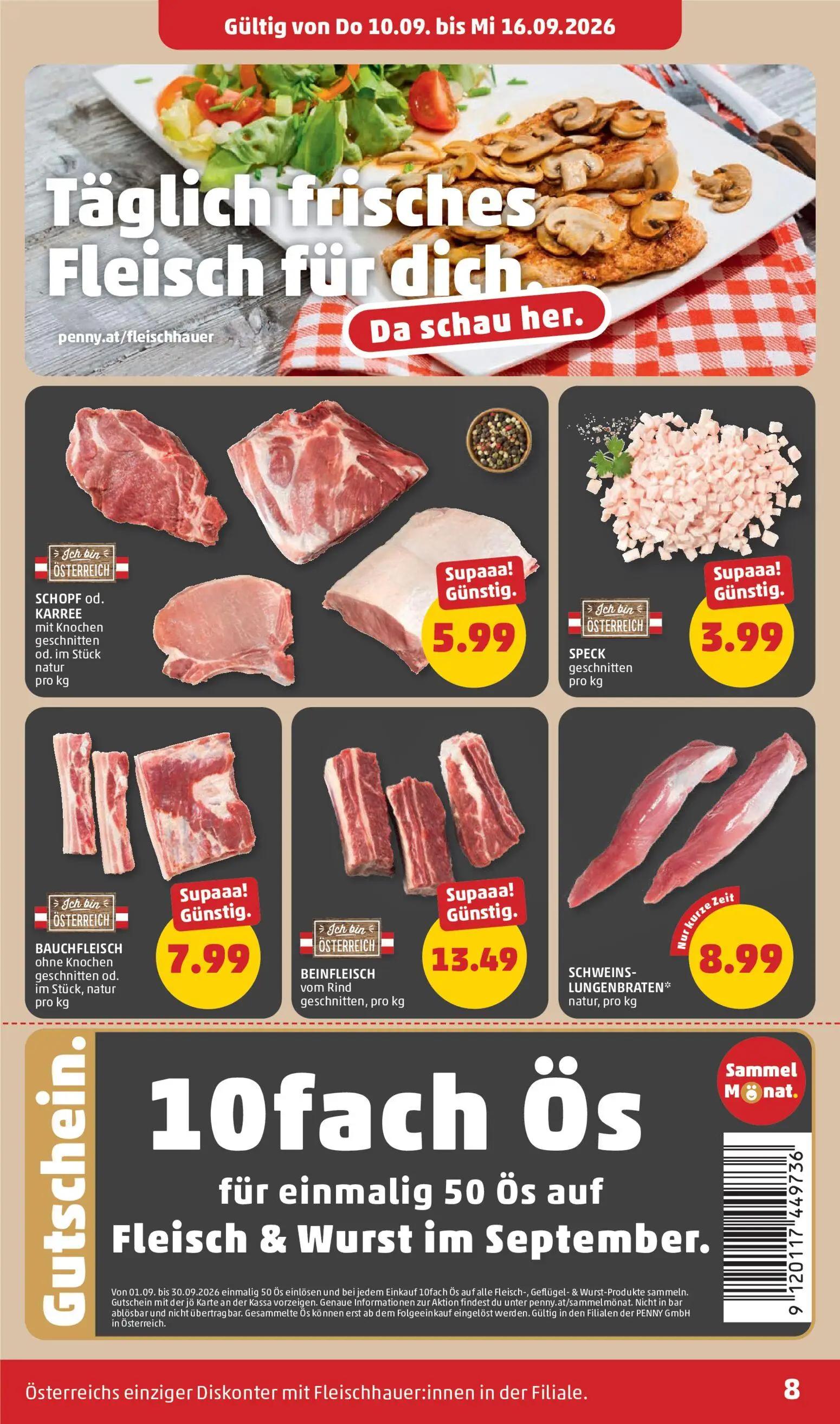 PENNY Prospekt, Seite 8 von 32 — SCHOPF od. KARREE mit Knochen geschnitten od. im Stück natur, SPECK geschnitten
