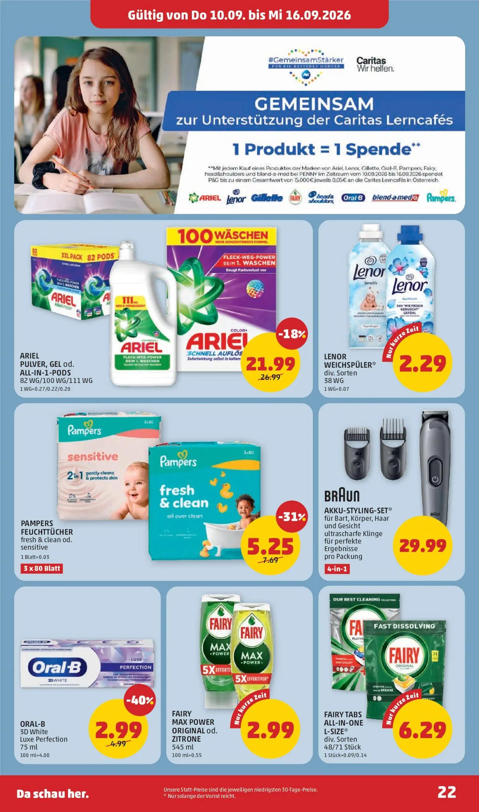 PENNY Prospekt, Seite 22 von 32 — ARIEL PULVER, GEL od. ALL-IN-1-PODS, LENOR WEICHSPÜLER, FAIRY MAX POWER ORIGINAL od. ZITRO…